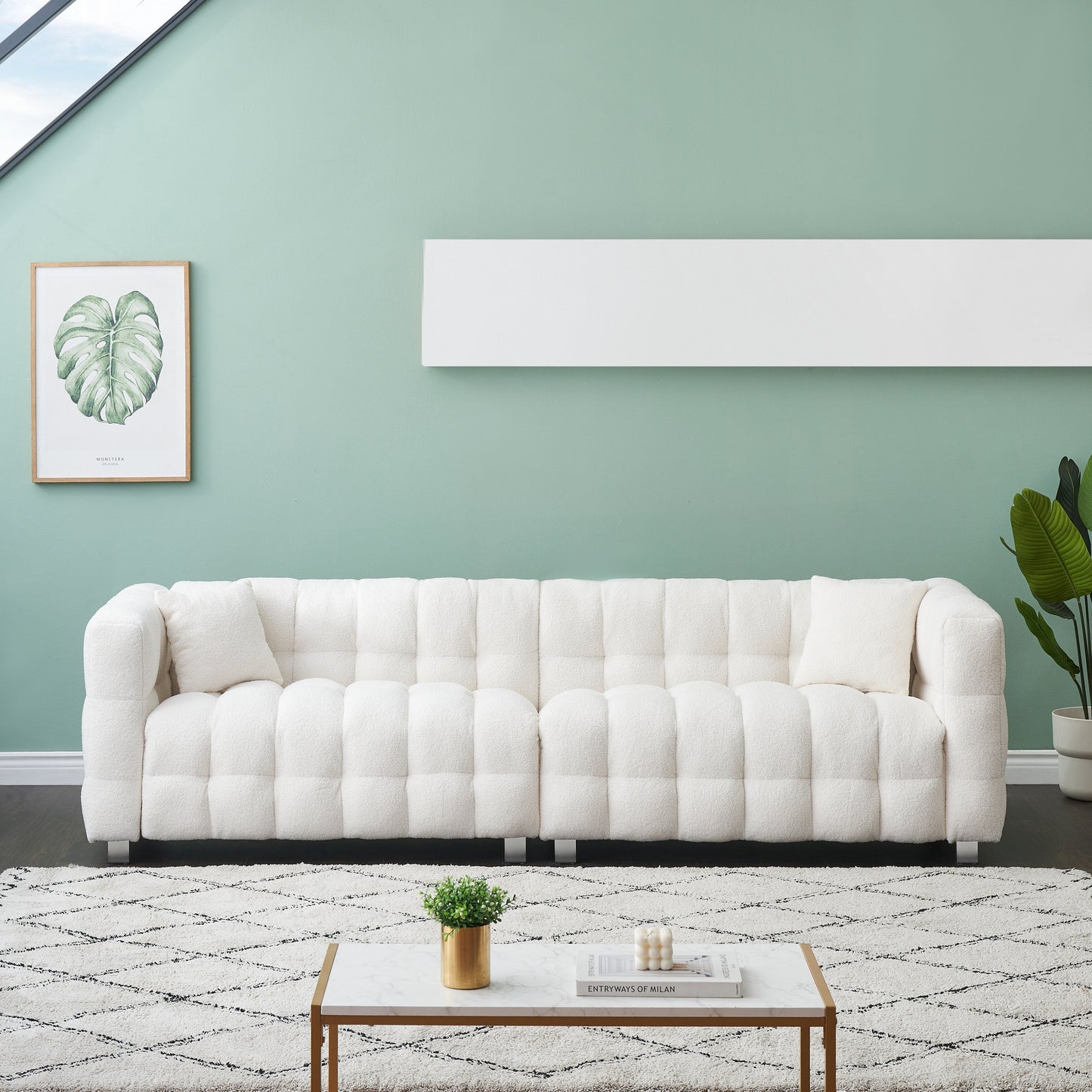 102'' Teddy Velvet 4-Seater Sofa with Metal Legs and Throw Pillows, Modern Multi-Directional Design for Living Room