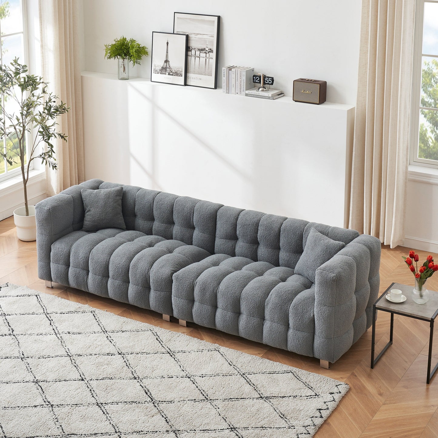 102'' Teddy Velvet 4-Seater Sofa with Metal Legs and Throw Pillows, Modern Multi-Directional Design for Living Room