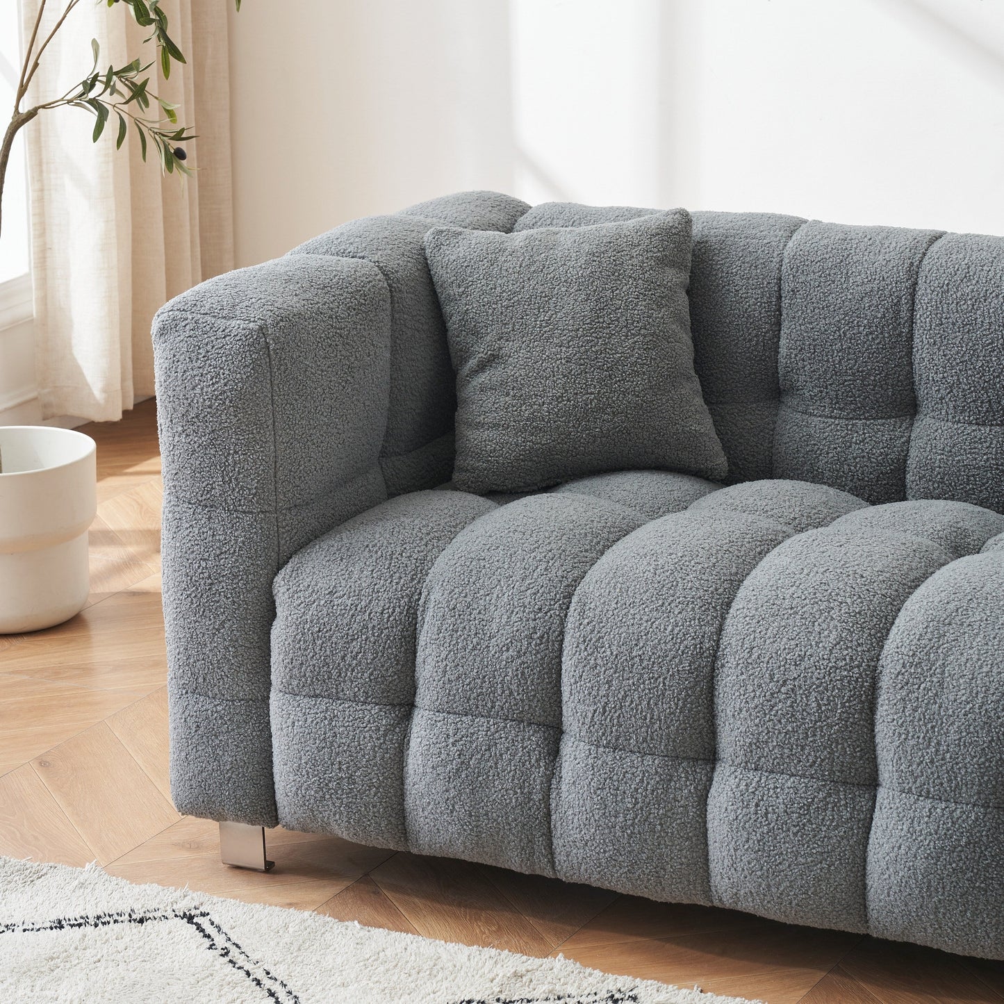 102'' Teddy Velvet 4-Seater Sofa with Metal Legs and Throw Pillows, Modern Multi-Directional Design for Living Room