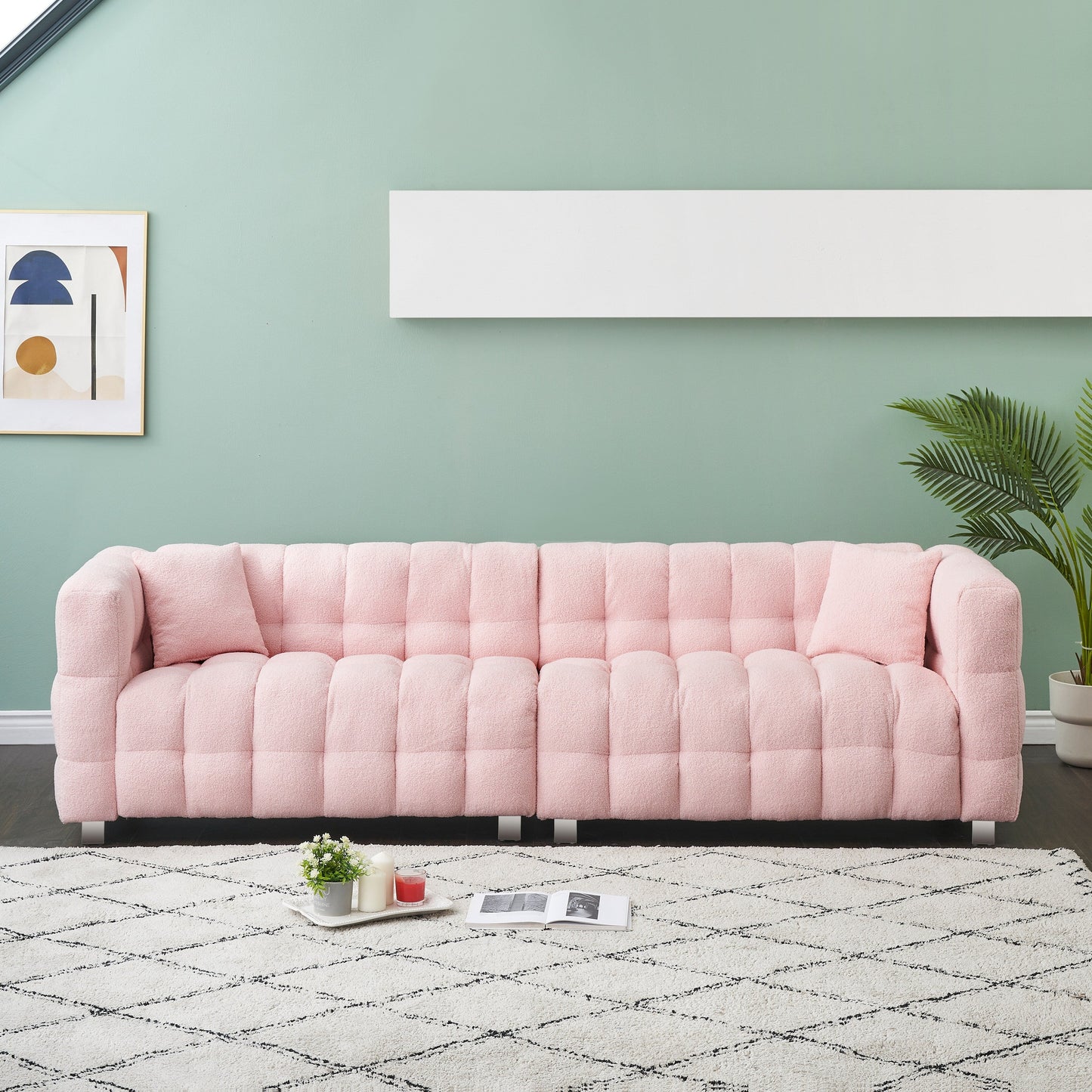 102'' Teddy Velvet 4-Seater Sofa with Metal Legs and Throw Pillows, Modern Multi-Directional Design for Living Room
