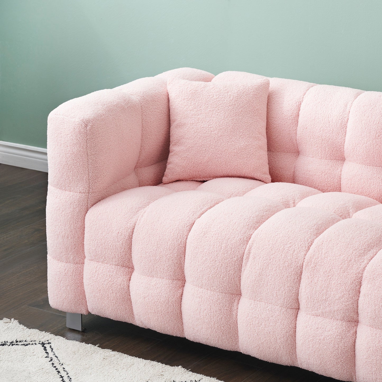 102'' Teddy Velvet 4-Seater Sofa with Metal Legs and Throw Pillows, Modern Multi-Directional Design for Living Room