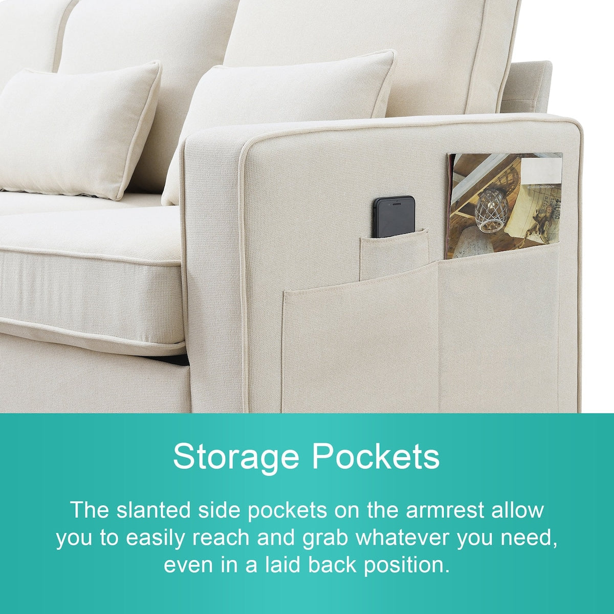104 4-Seater Modern Linen Fabric Sofa with Armrest Pockets and 4 Pillows