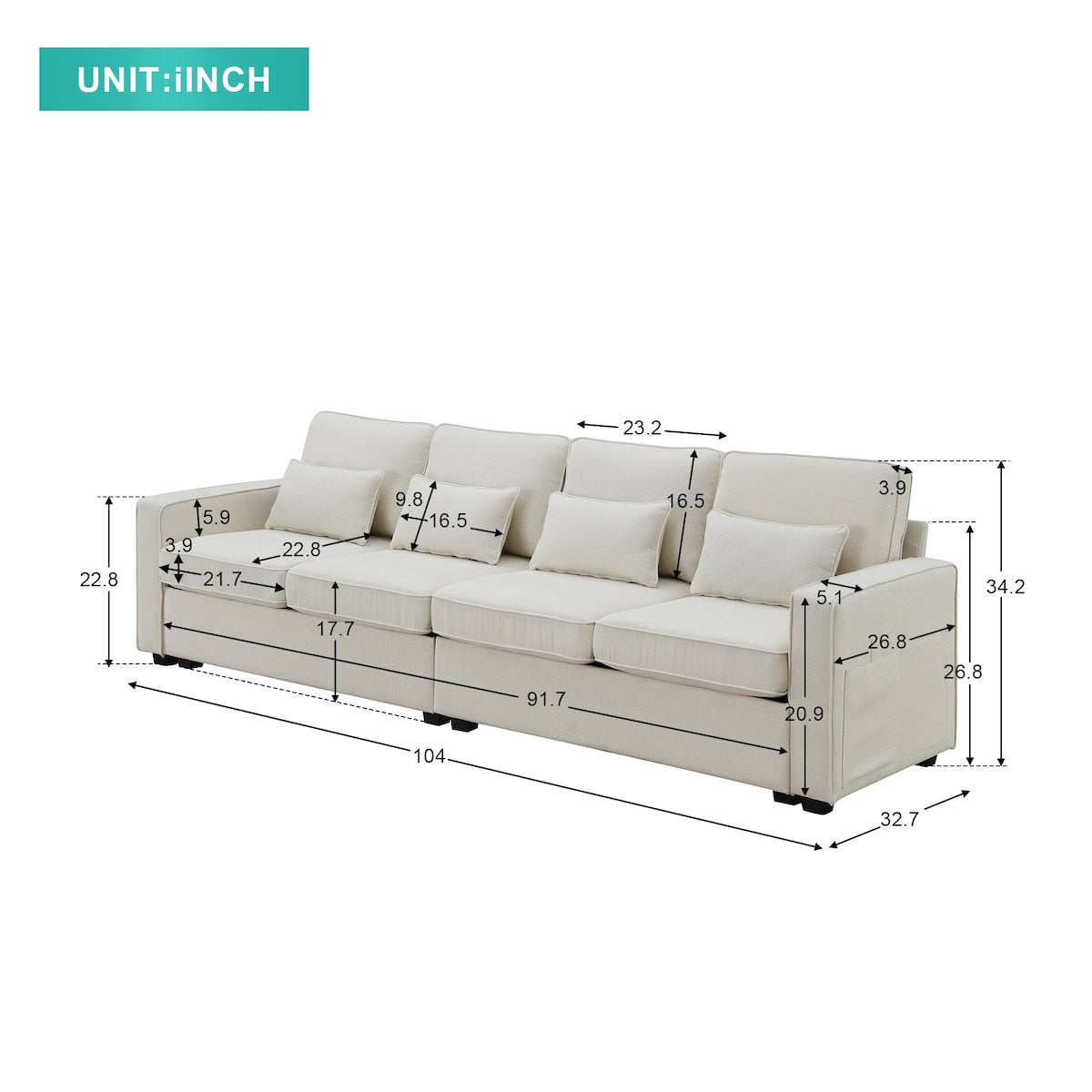 104 4-Seater Modern Linen Fabric Sofa with Armrest Pockets and 4 Pillows