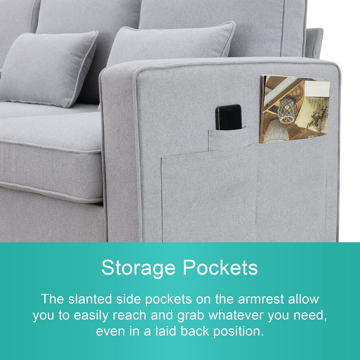 104 4-Seater Modern Linen Fabric Sofa with Armrest Pockets and 4 Pillows
