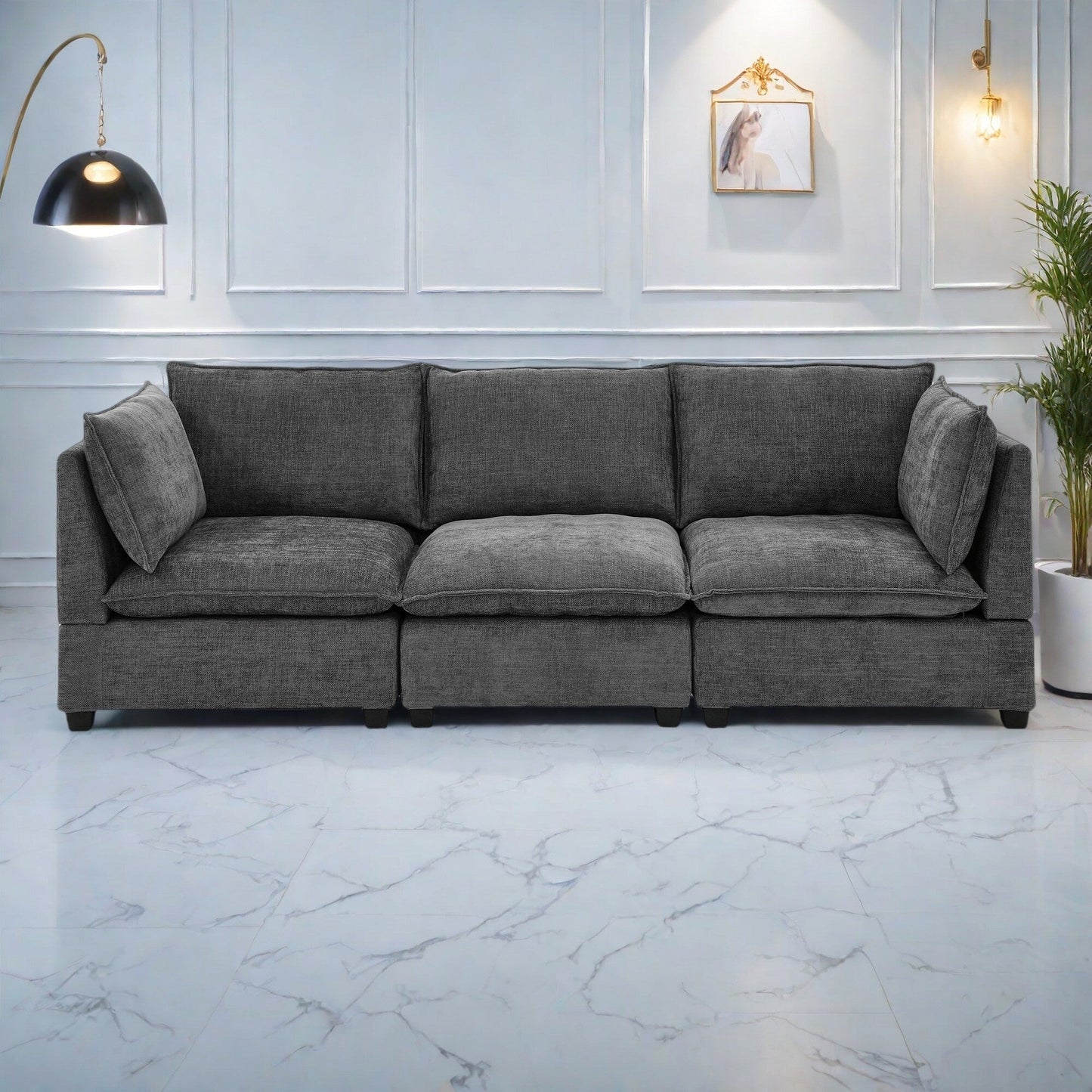 105 Chenille 3-Seater Sofa with 2-Layer Cushions, High-Resiliency Foam