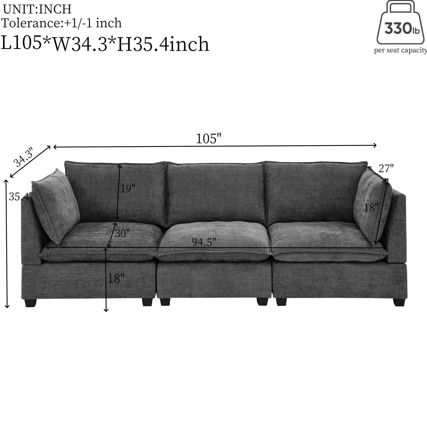 105 Chenille 3-Seater Sofa with 2-Layer Cushions, High-Resiliency Foam