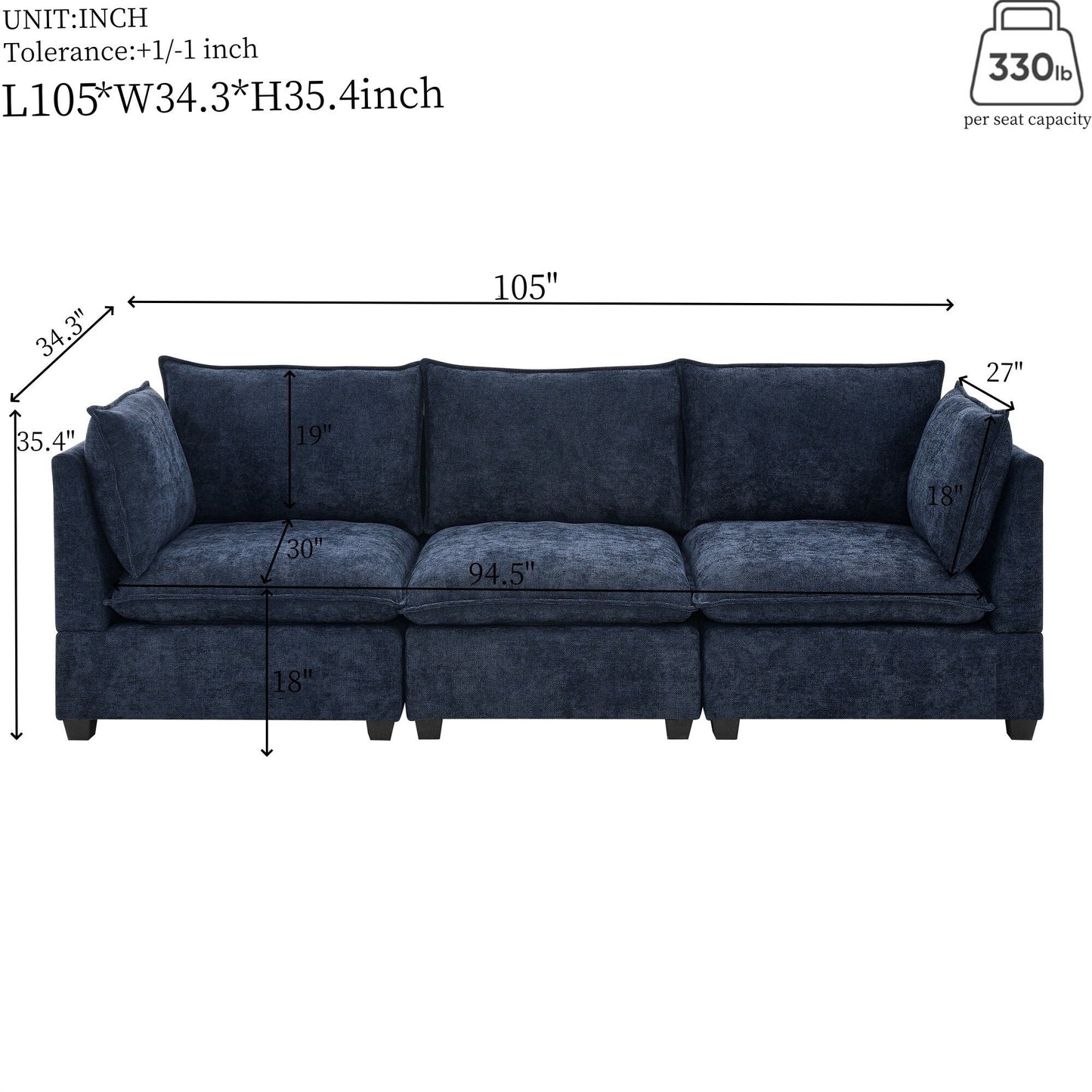 105 Chenille 3-Seater Sofa with 2-Layer Cushions, High-Resiliency Foam
