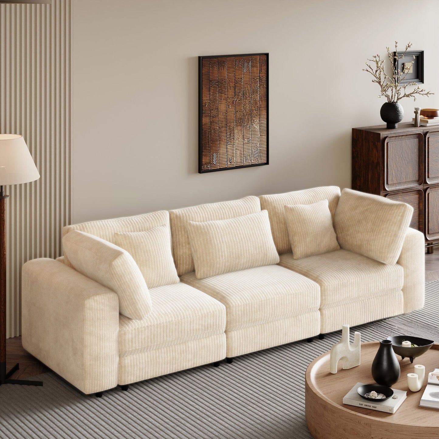 105 Corduroy Upholstered 3-seater Sofa with Removable Back Cushions and 5 Pillows for Living Room