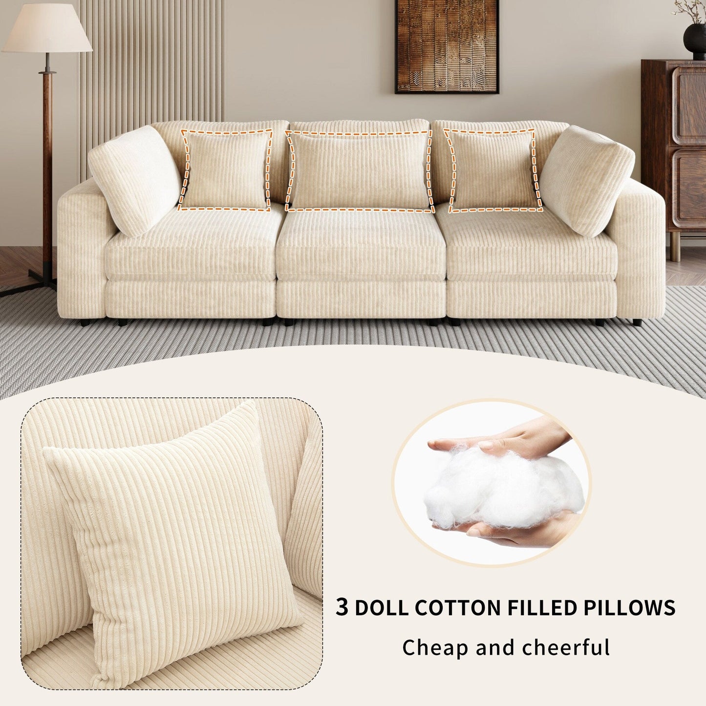 105 Corduroy Upholstered 3-seater Sofa with Removable Back Cushions and 5 Pillows for Living Room