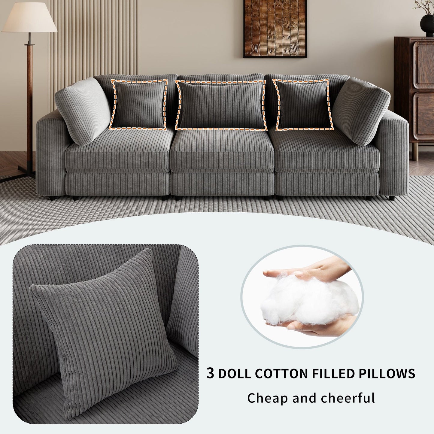 105 Corduroy Upholstered 3-seater Sofa with Removable Back Cushions and 5 Pillows for Living Room