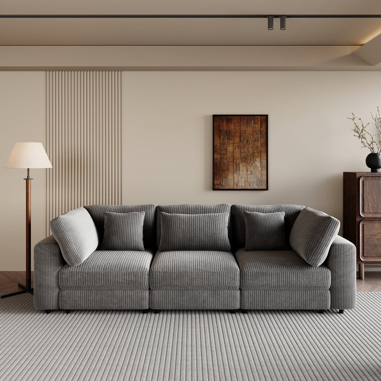 105 Corduroy Upholstered 3-seater Sofa with Removable Back Cushions and 5 Pillows for Living Room