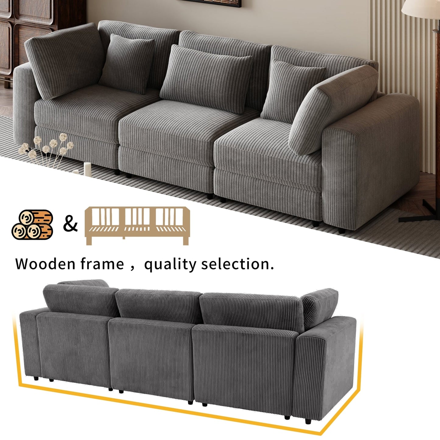 105 Corduroy Upholstered 3-seater Sofa with Removable Back Cushions and 5 Pillows for Living Room