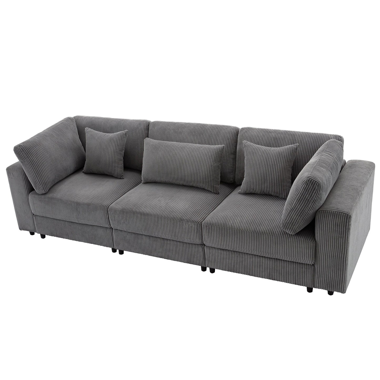 105 Corduroy Upholstered 3-seater Sofa with Removable Back Cushions and 5 Pillows for Living Room