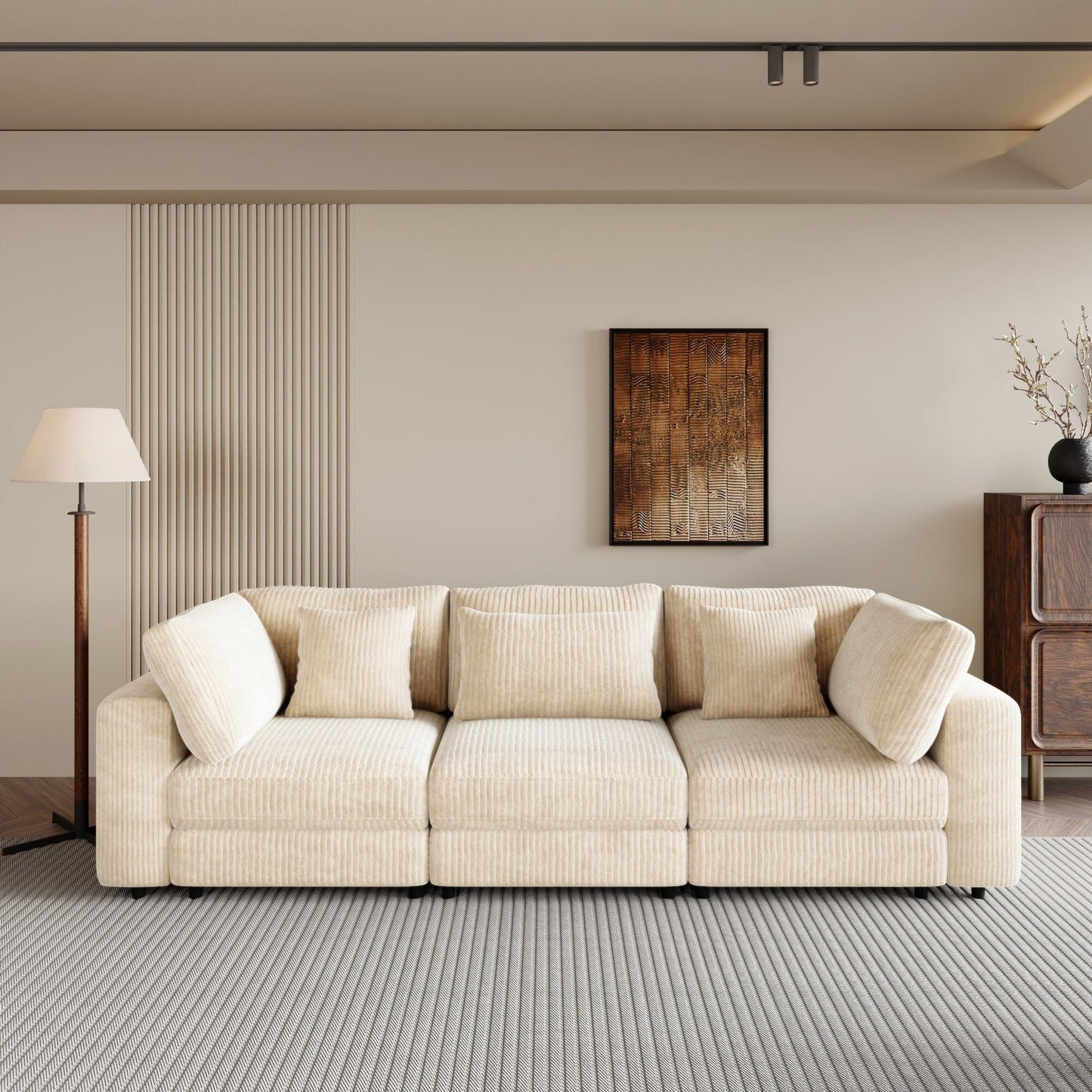 105 Corduroy Upholstered 3-seater Sofa with Removable Back Cushions and 5 Pillows for Living Room