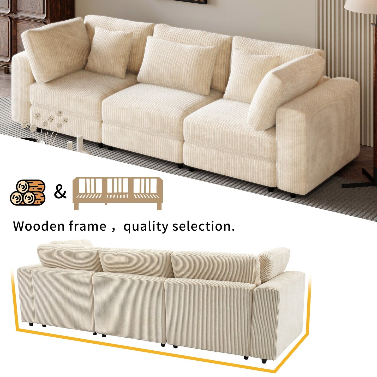 105 Corduroy Upholstered 3-seater Sofa with Removable Back Cushions and 5 Pillows for Living Room