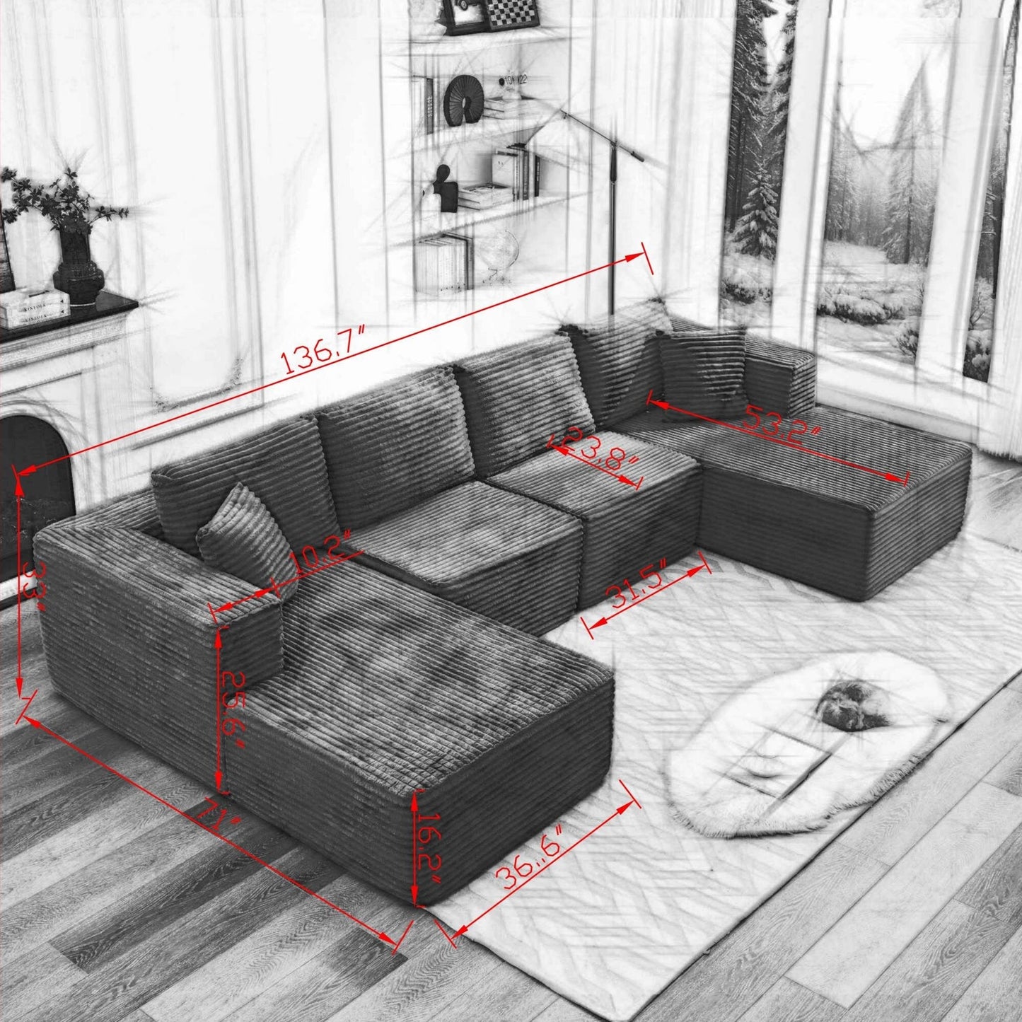 106 Cloud Sectional Couch Double Chaise Lounges,Deep Seat Modern Modular Sofa For Living Room,No Assembly Required