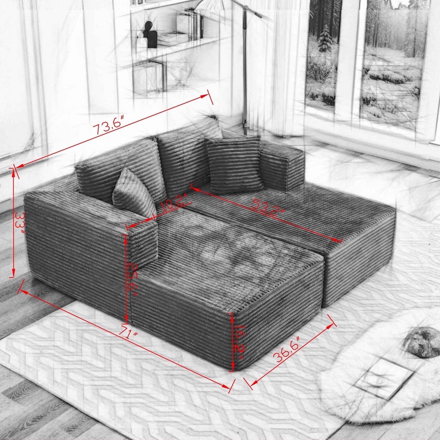 106 Cloud Sectional Couch Double Chaise Lounges,Deep Seat Modern Modular Sofa For Living Room,No Assembly Required