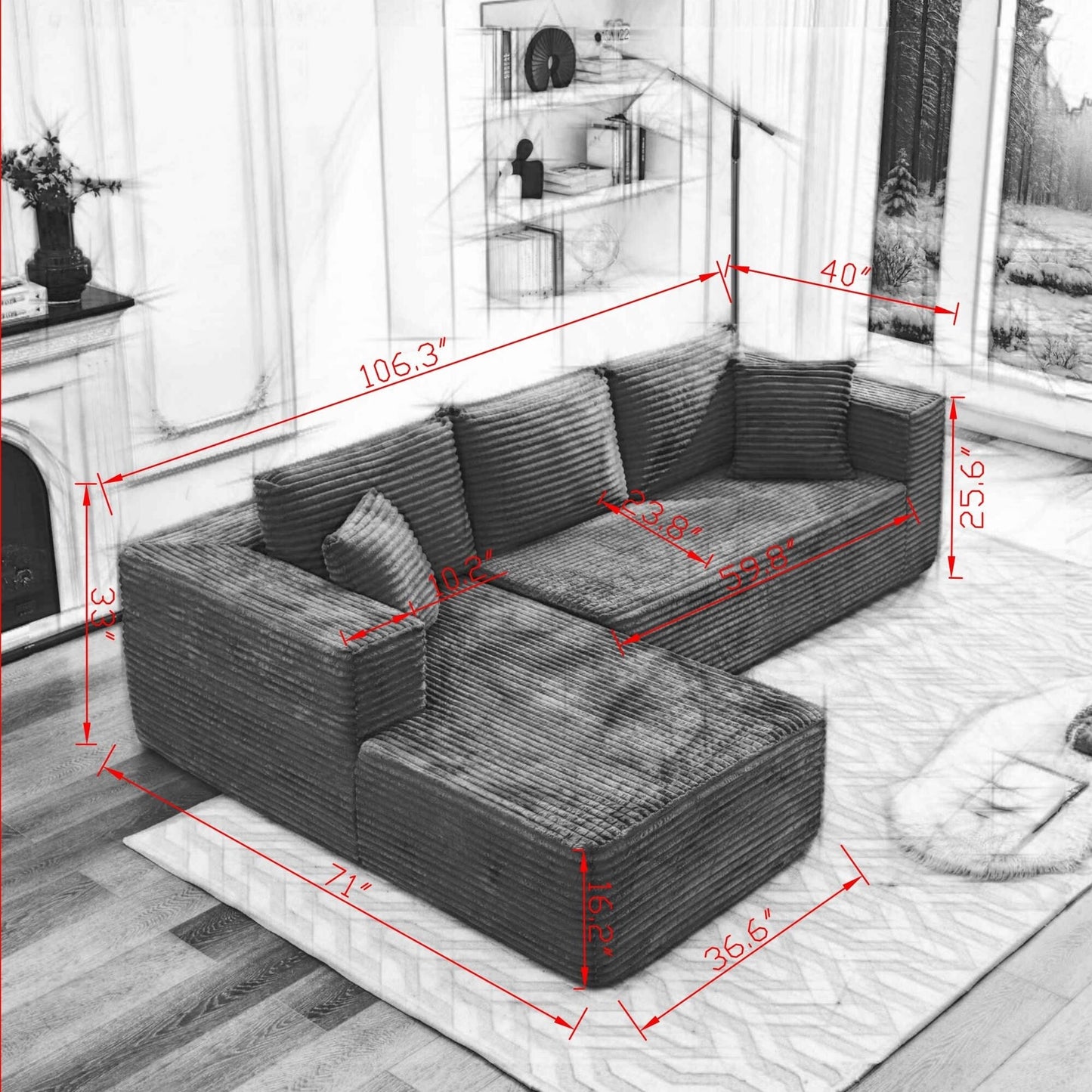 106 Cloud Sectional Couch L-Shape With Left Facing Chaise,Deep Seat Modern Modular Sofa For Living Room,No Assembly Required