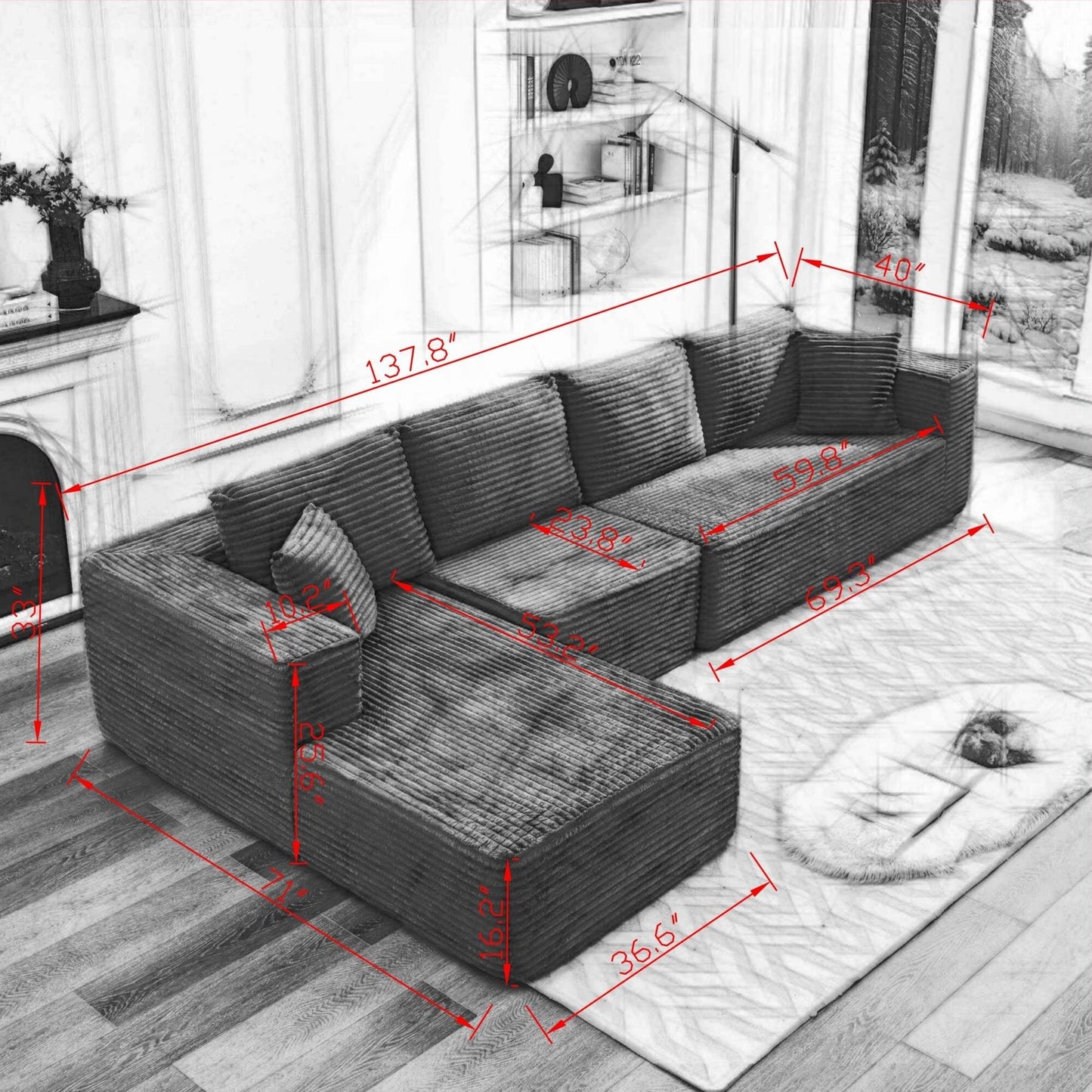 106 Cloud Sectional Couch L-Shape With Left Facing Chaise,Deep Seat Modern Modular Sofa For Living Room,No Assembly Required