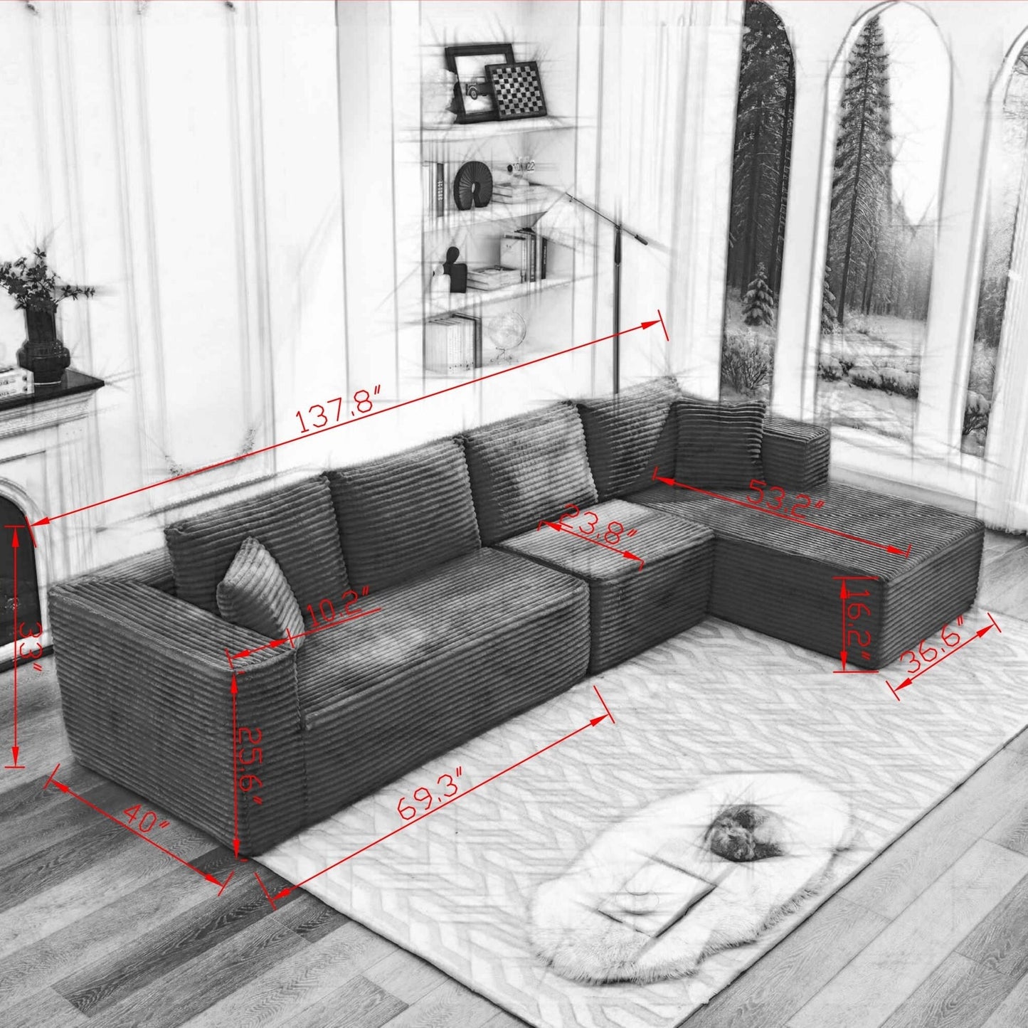 106 Cloud Sectional Couch L-Shape With Right Facing Chaise,Deep Seat Modern Modular Sofa For Living Room,No Assembly Required