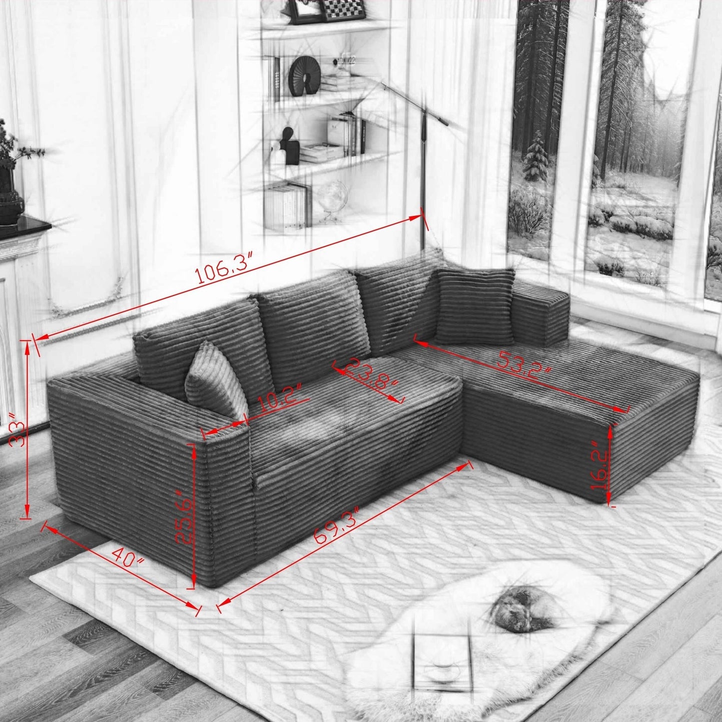 106 Cloud Sectional Couch L-Shape With Right Facing Chaise,Deep Seat Modern Modular Sofa For Living Room,No Assembly Required