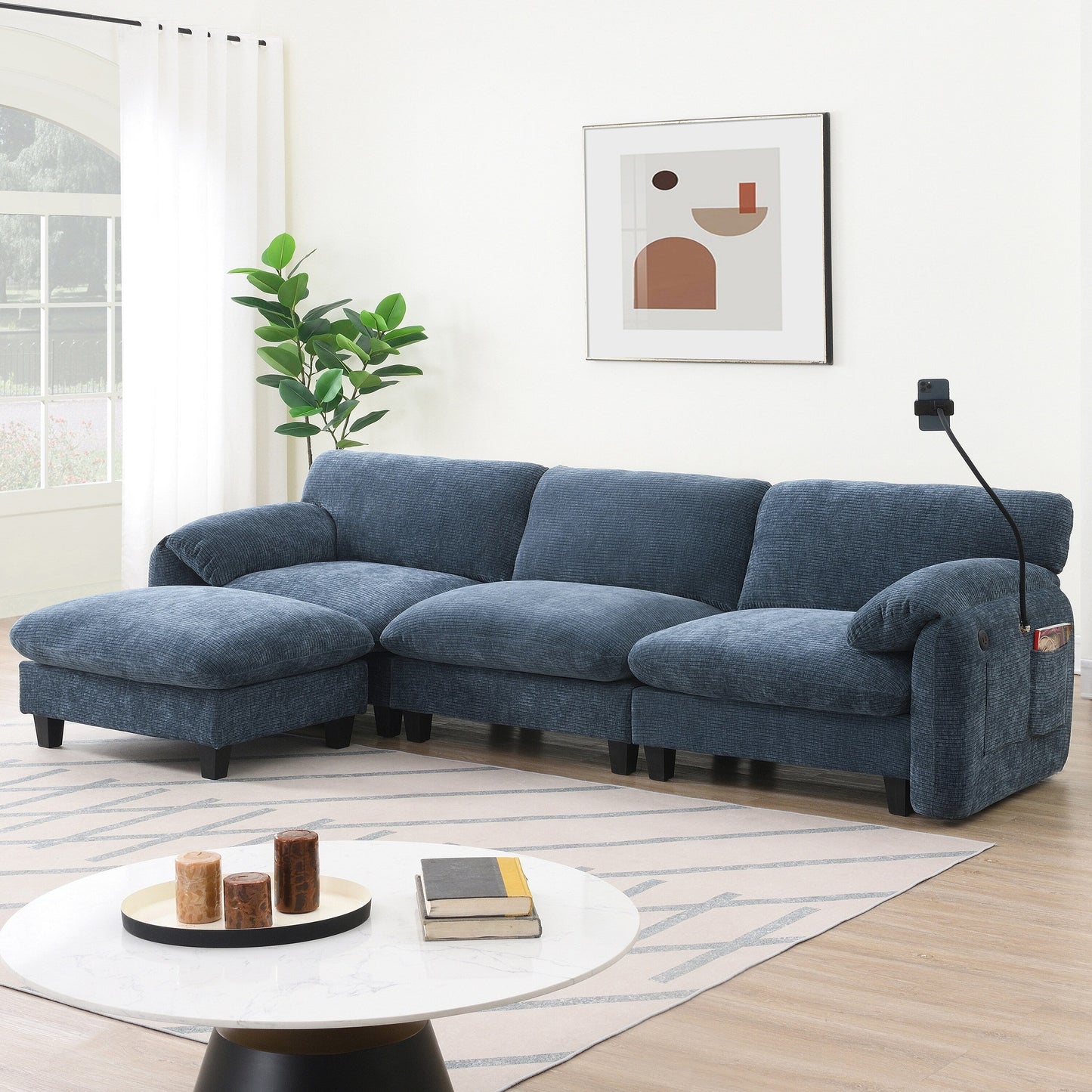 108 Inch Modular Chenille Sectional Sofa with USB and Type-C Ports, Phone Holders, Side Storage Pockets, Movable Ottoman