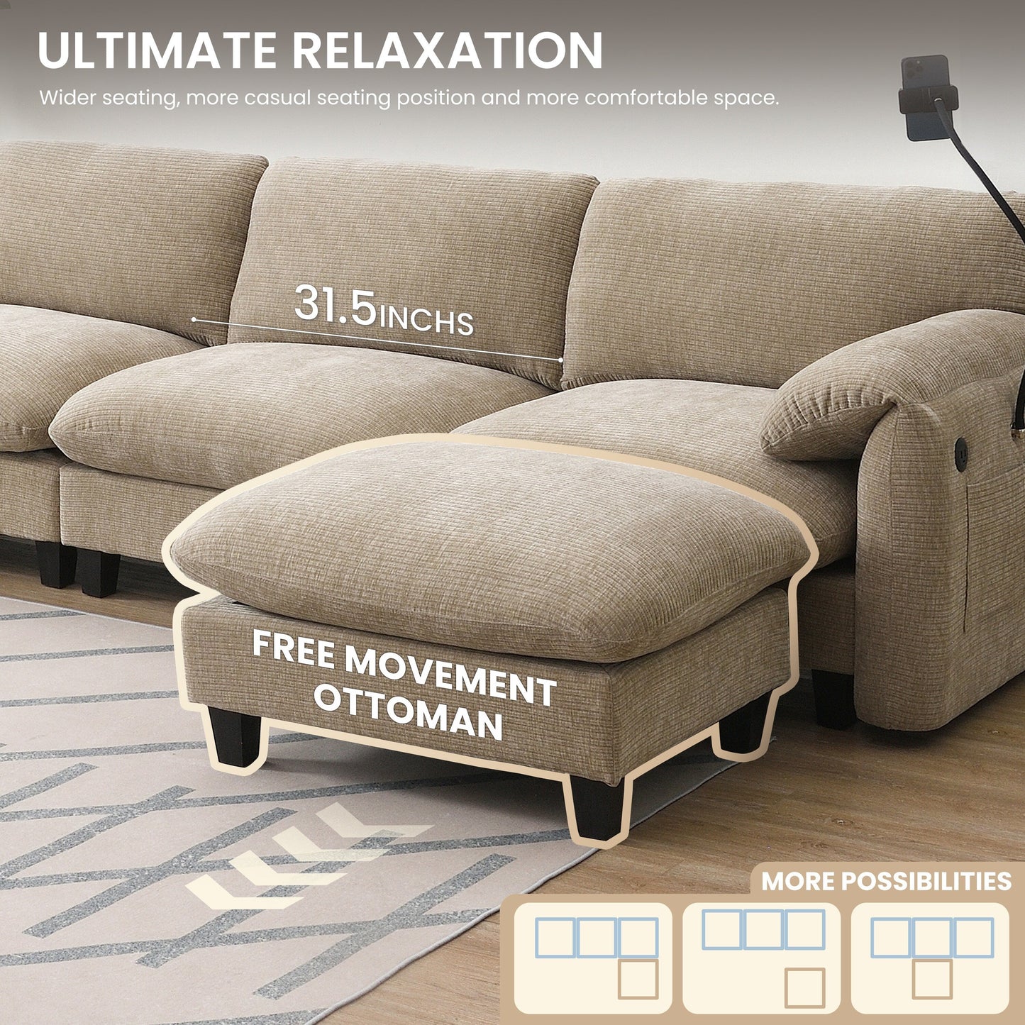 108 Inch Modular Chenille Sectional Sofa with USB and Type-C Ports, Phone Holders, Side Storage Pockets, Movable Ottoman