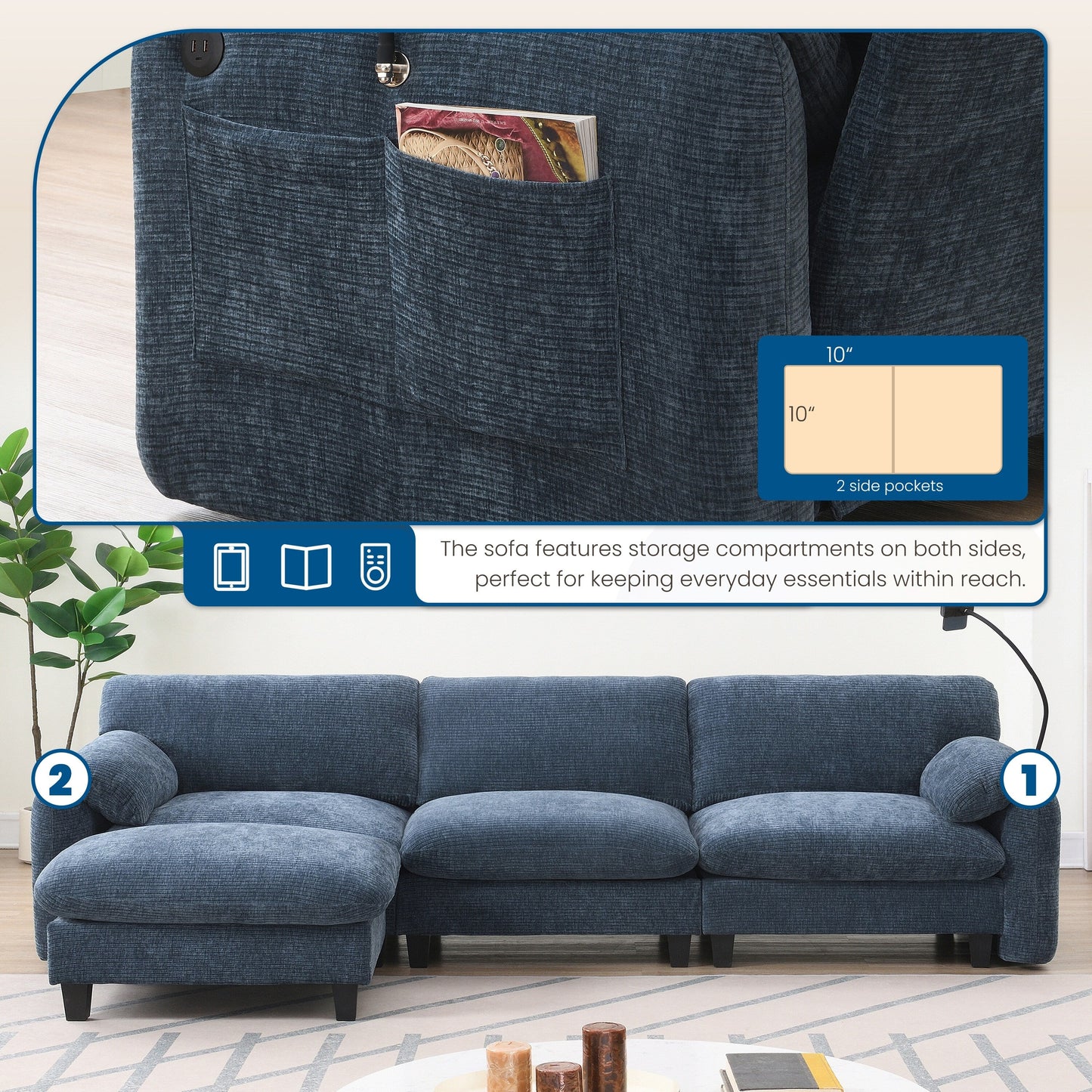 108 Inch Modular Chenille Sectional Sofa with USB and Type-C Ports, Phone Holders, Side Storage Pockets, Movable Ottoman