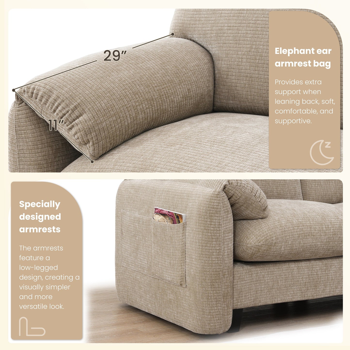108 Inch Modular Chenille Sectional Sofa with USB and Type-C Ports, Phone Holders, Side Storage Pockets, Movable Ottoman