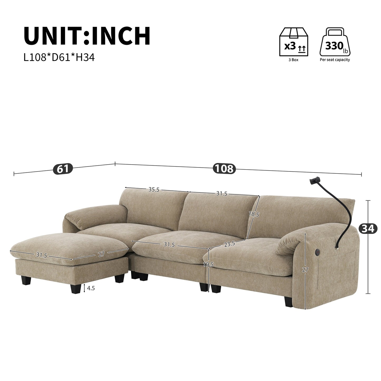 108 Inch Modular Chenille Sectional Sofa with USB and Type-C Ports, Phone Holders, Side Storage Pockets, Movable Ottoman