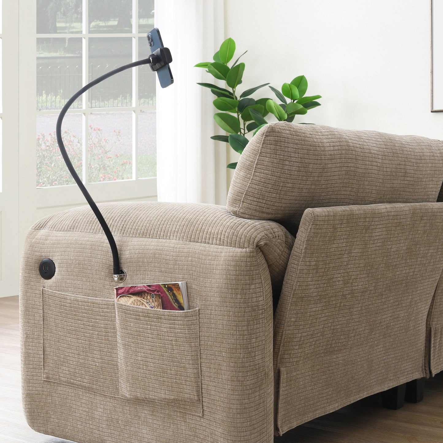 108 Inch Modular Chenille Sectional Sofa with USB and Type-C Ports, Phone Holders, Side Storage Pockets, Movable Ottoman