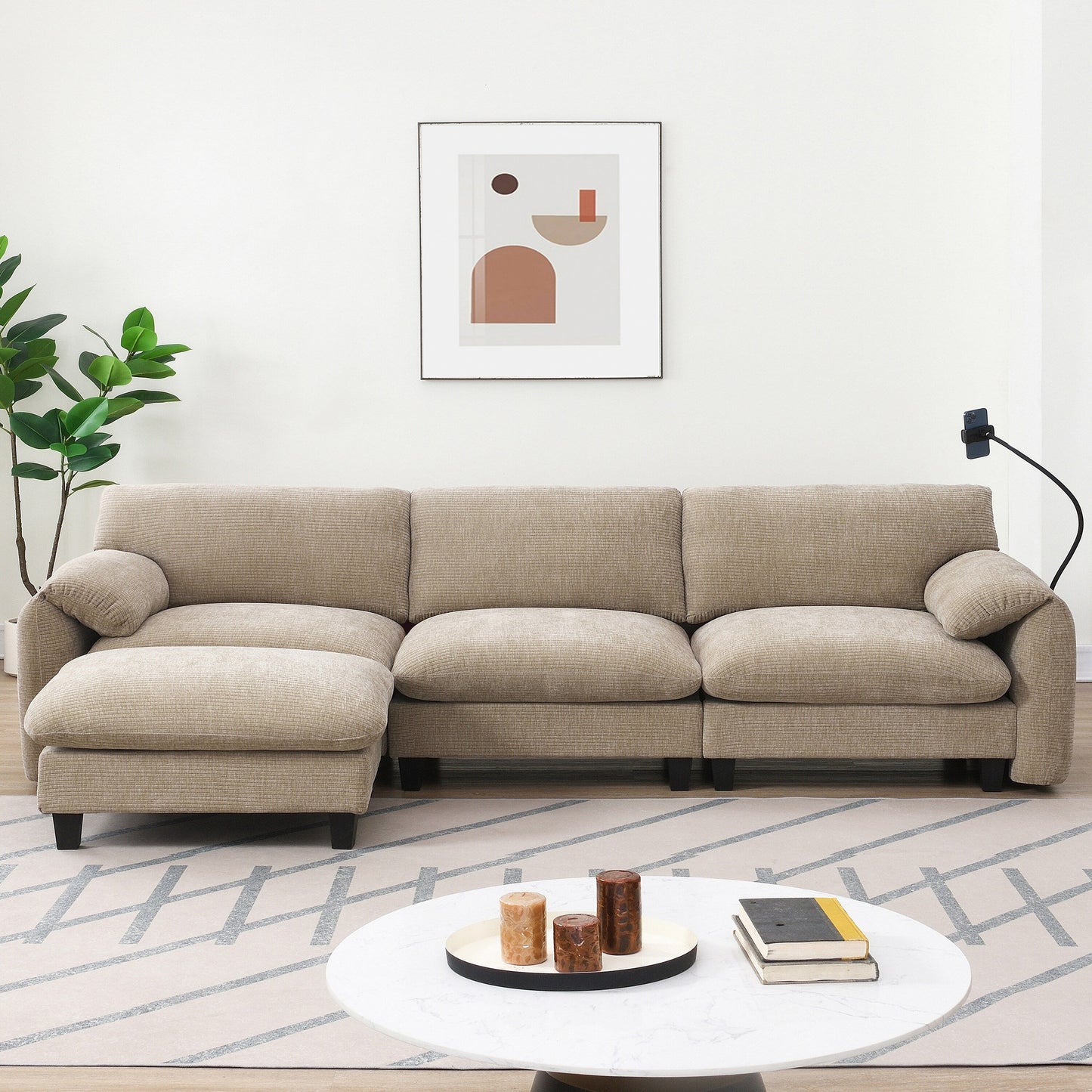 108 Inch Modular Chenille Sectional Sofa with USB and Type-C Ports, Phone Holders, Side Storage Pockets, Movable Ottoman