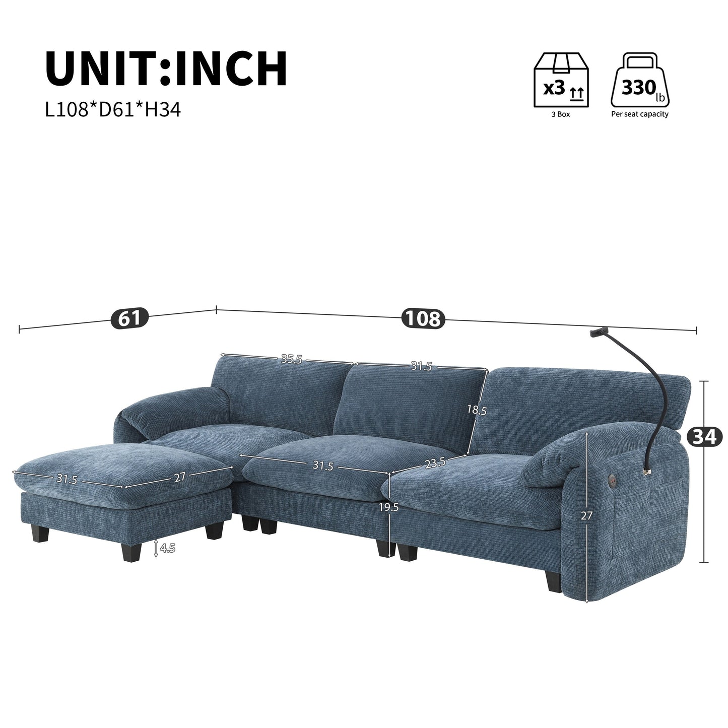 108 Inch Modular Chenille Sectional Sofa with USB and Type-C Ports, Phone Holders, Side Storage Pockets, Movable Ottoman
