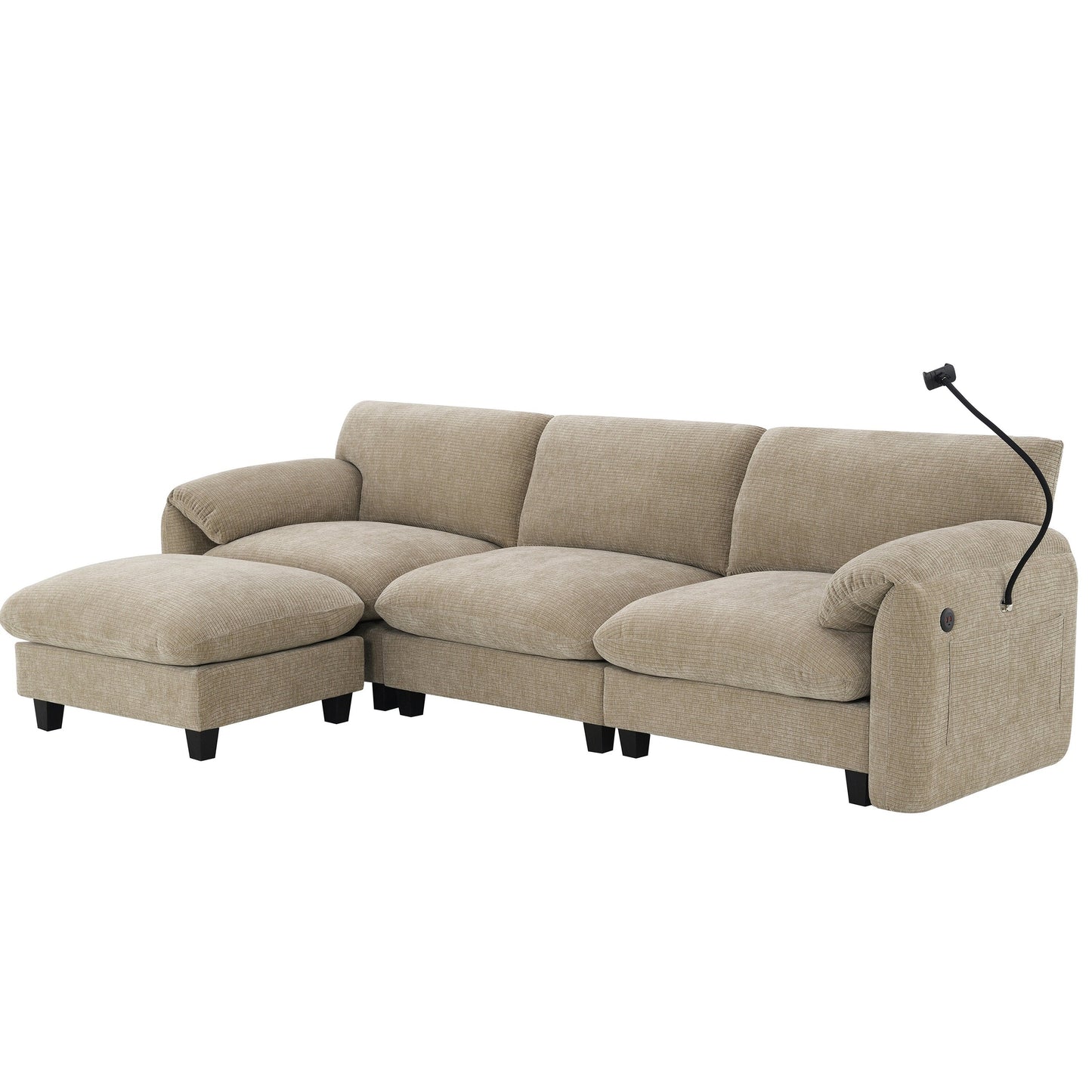 108 Inch Modular Chenille Sectional Sofa with USB and Type-C Ports, Phone Holders, Side Storage Pockets, Movable Ottoman
