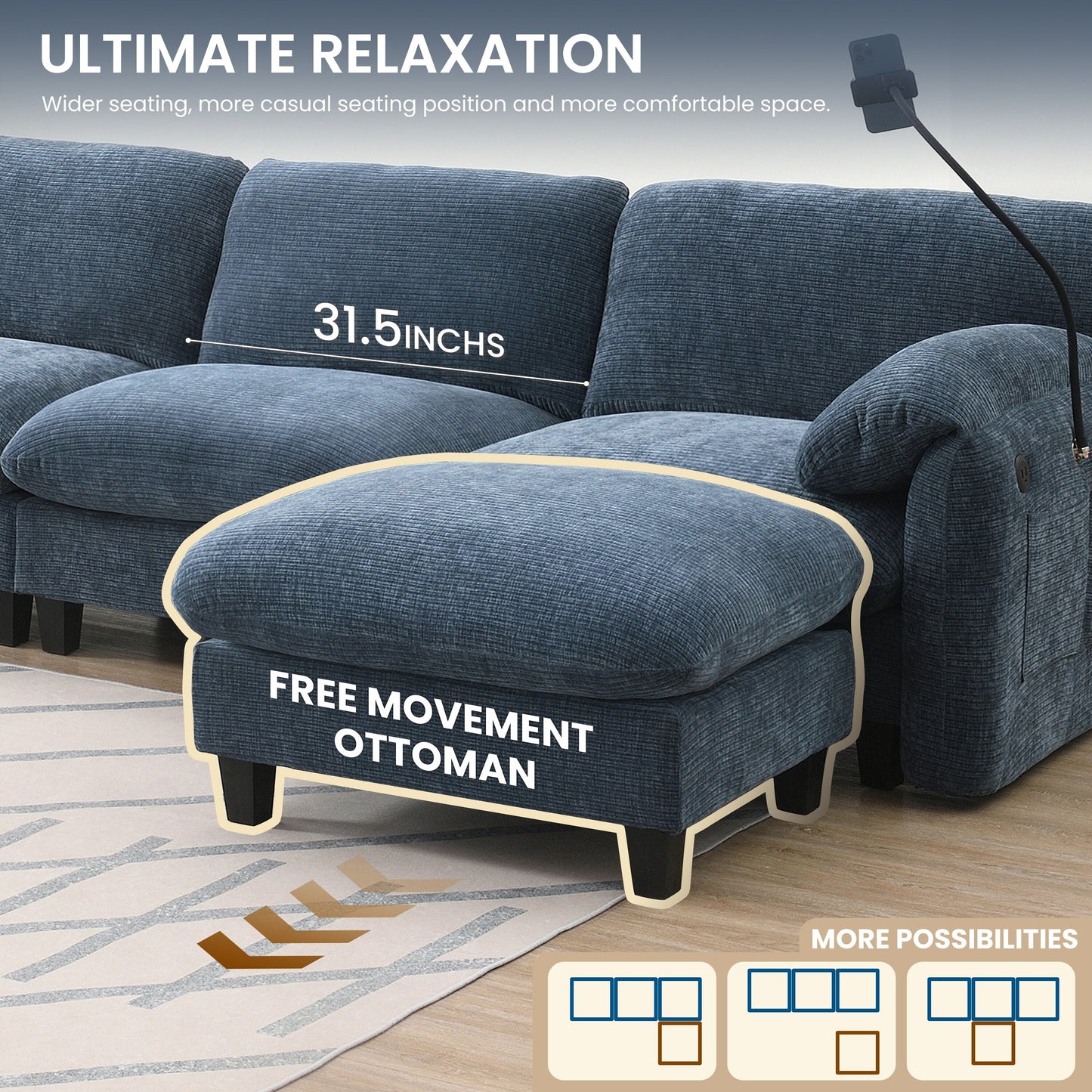 108 Inch Modular Chenille Sectional Sofa with USB and Type-C Ports, Phone Holders, Side Storage Pockets, Movable Ottoman