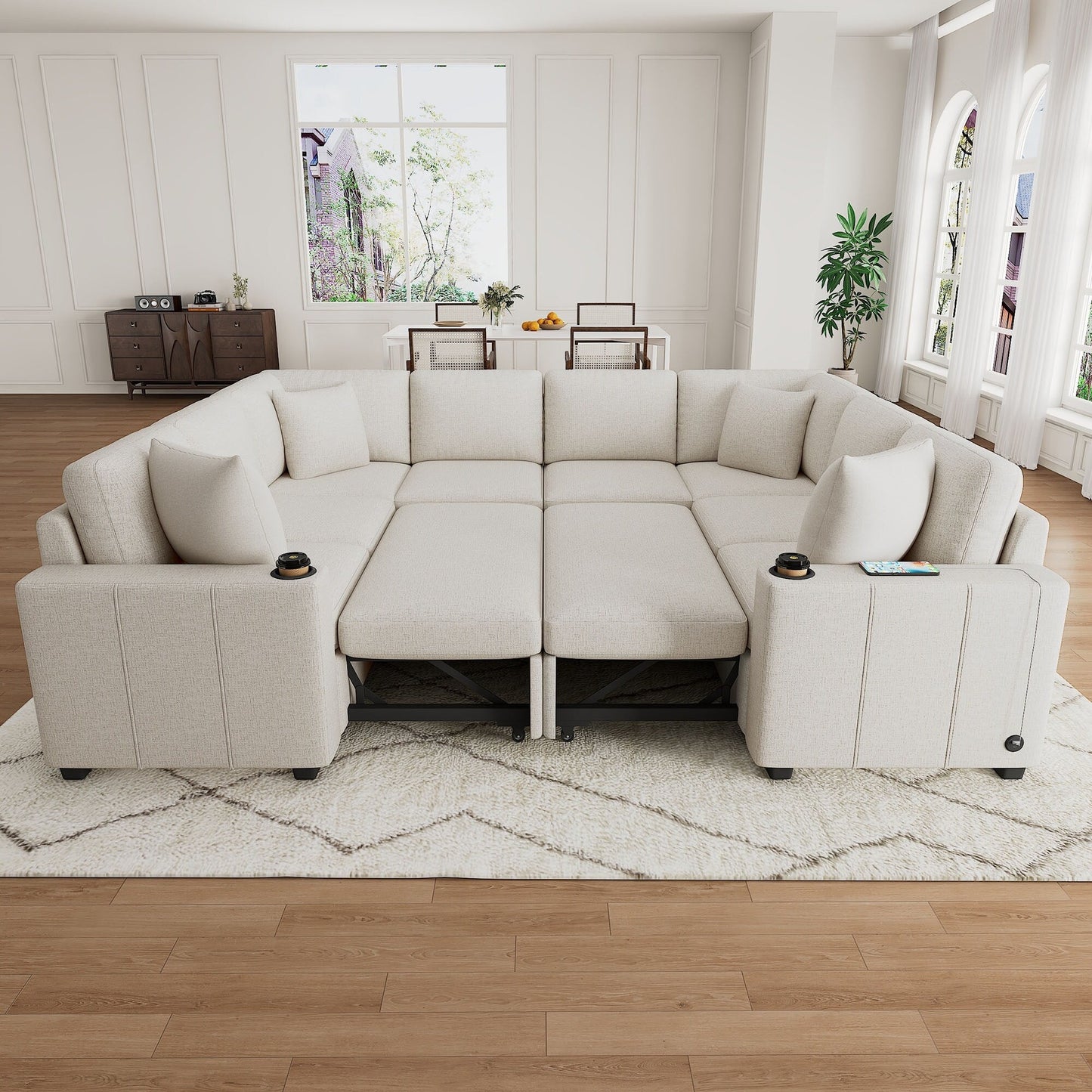 108 Inch Modular UâShaped Sectional Sofa with Pull Out Sleeper, USB Ports and Dual Cup Holders for Living Room