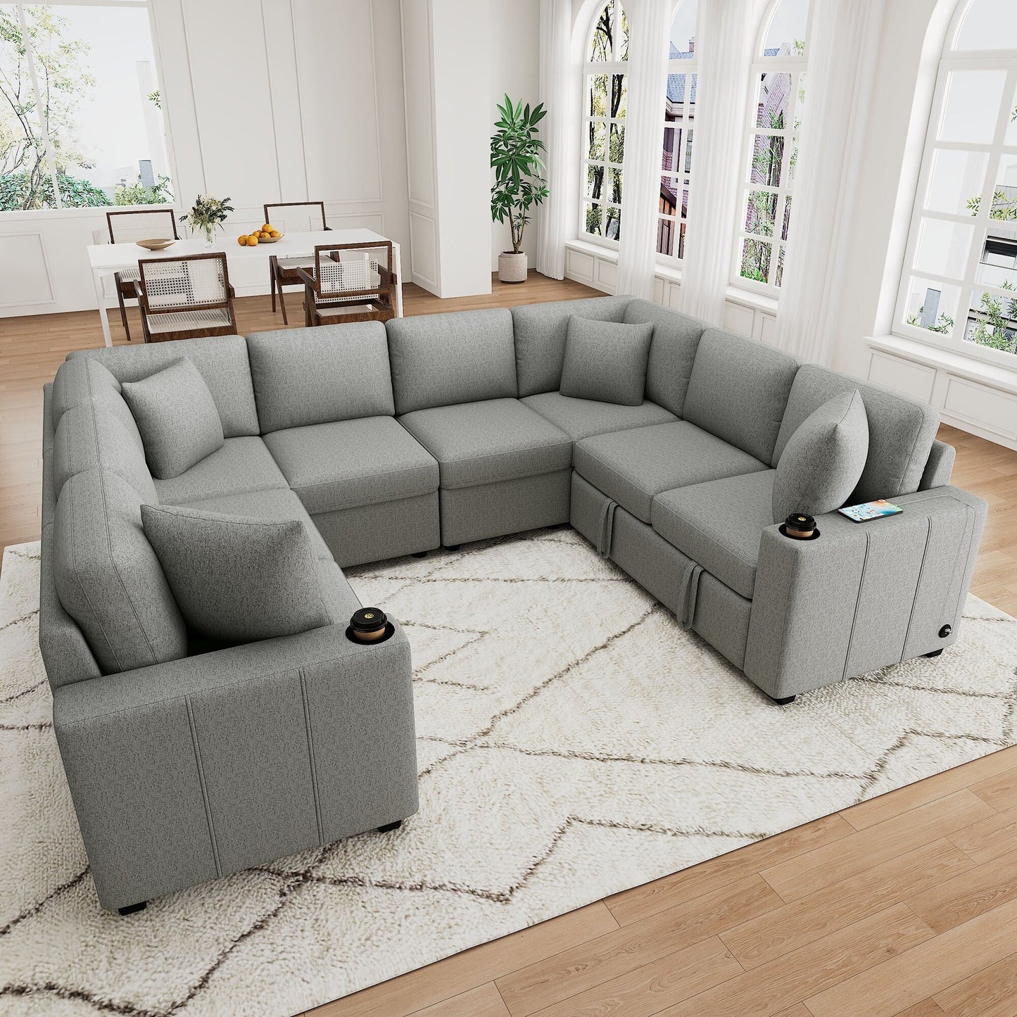108 Inch Modular UâShaped Sectional Sofa with Pull Out Sleeper, USB Ports and Dual Cup Holders for Living Room