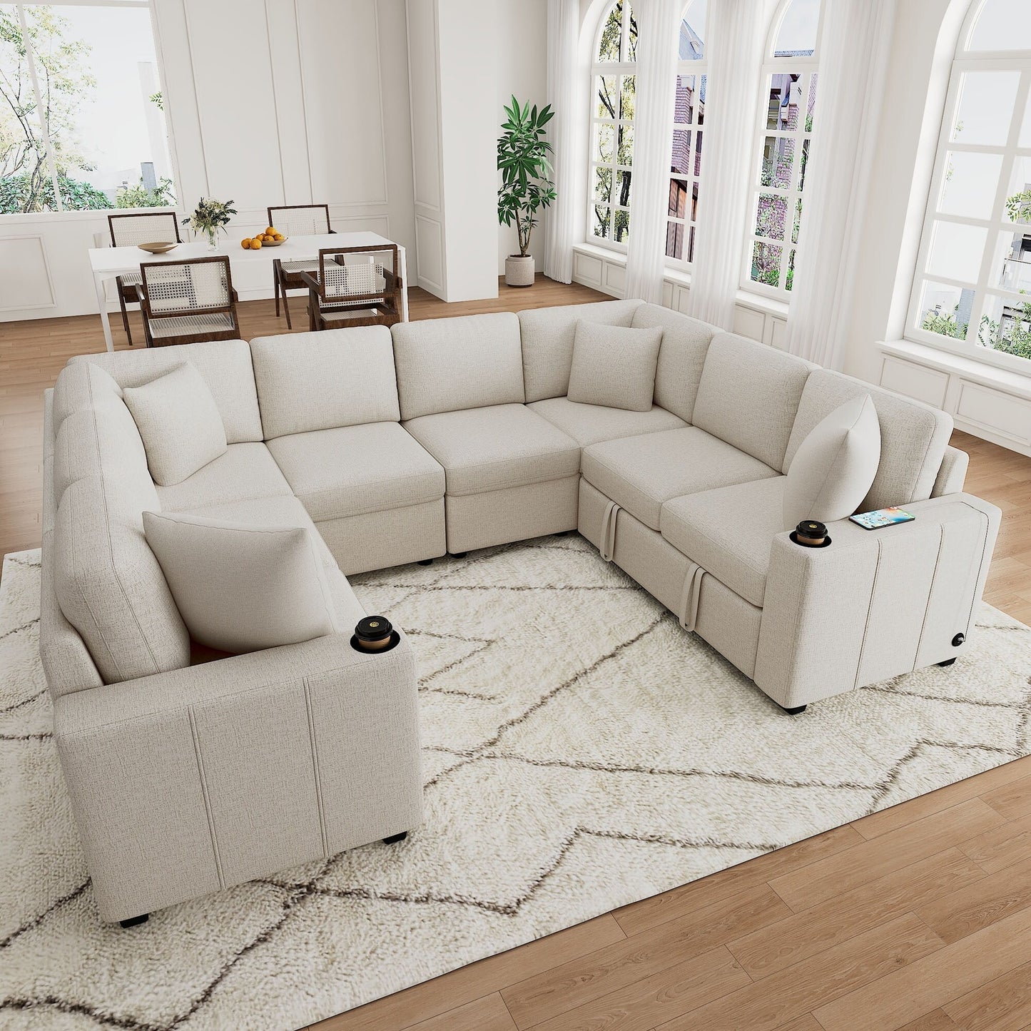 108 Inch Modular UâShaped Sectional Sofa with Pull Out Sleeper, USB Ports and Dual Cup Holders for Living Room