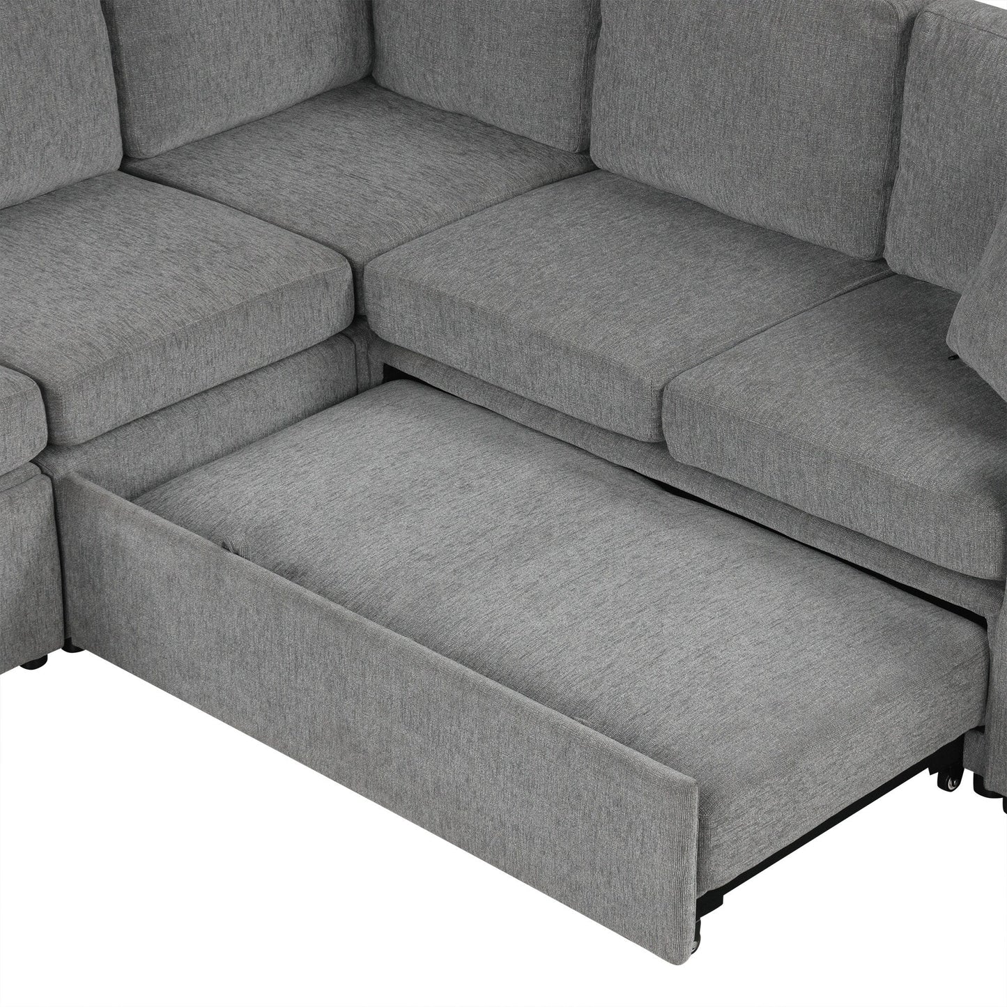 108 Inch Modular UâShaped Sectional Sofa with Pull Out Sleeper, USB Ports and Dual Cup Holders for Living Room