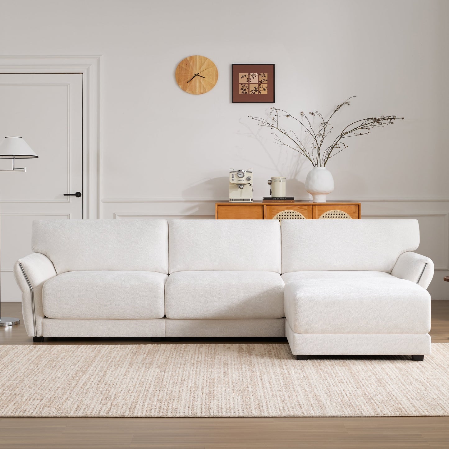 110 Inch L-Shaped Chenille Sectional Sofa with USB and Type-C Charging, Petal Armrests, Movable Ottoman for Living Room