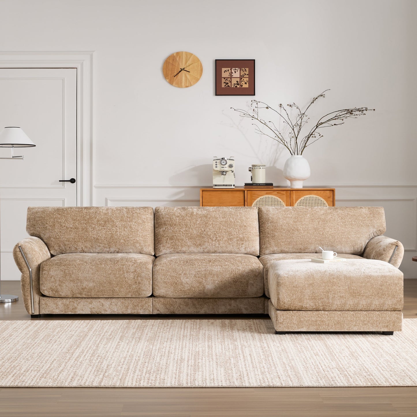 110 Inch L-Shaped Chenille Sectional Sofa with USB and Type-C Charging, Petal Armrests, Movable Ottoman for Living Room