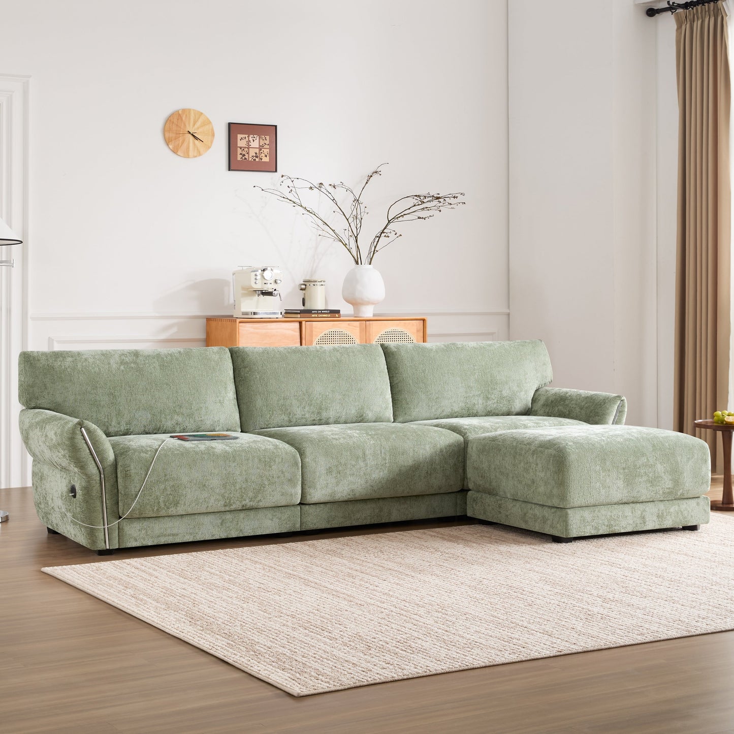 110 Inch L-Shaped Chenille Sectional Sofa with USB and Type-C Charging, Petal Armrests, Movable Ottoman for Living Room