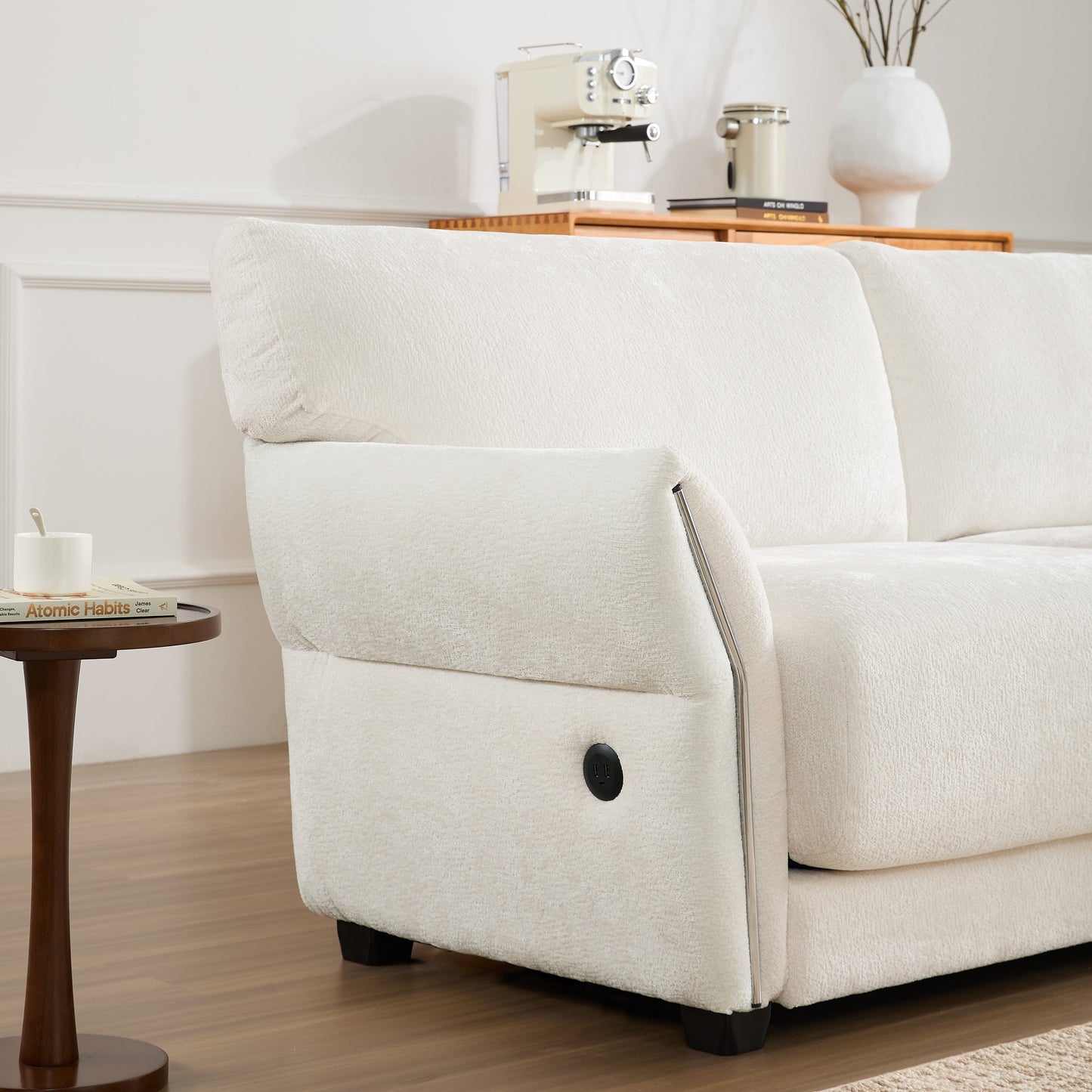 110 Inch L-Shaped Chenille Sectional Sofa with USB and Type-C Charging, Petal Armrests, Movable Ottoman for Living Room
