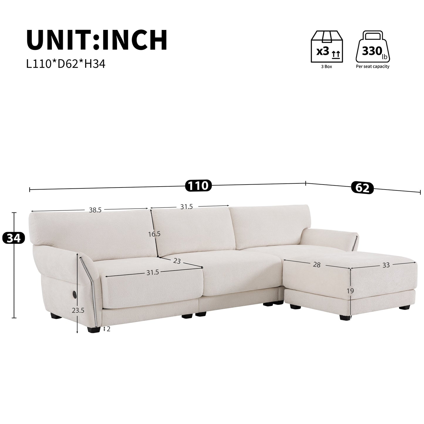 110 Inch L-Shaped Chenille Sectional Sofa with USB and Type-C Charging, Petal Armrests, Movable Ottoman for Living Room