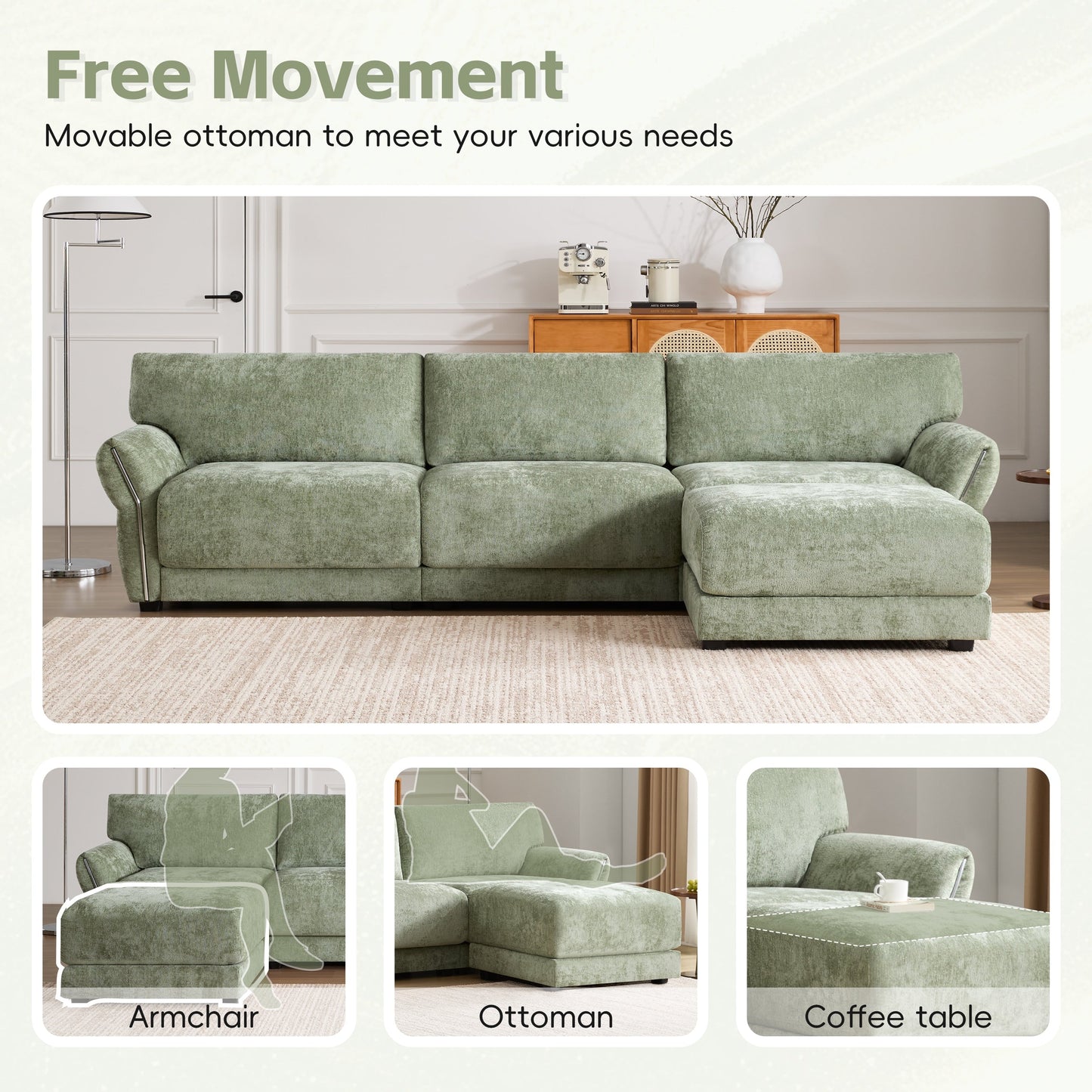 110 Inch L-Shaped Chenille Sectional Sofa with USB and Type-C Charging, Petal Armrests, Movable Ottoman for Living Room