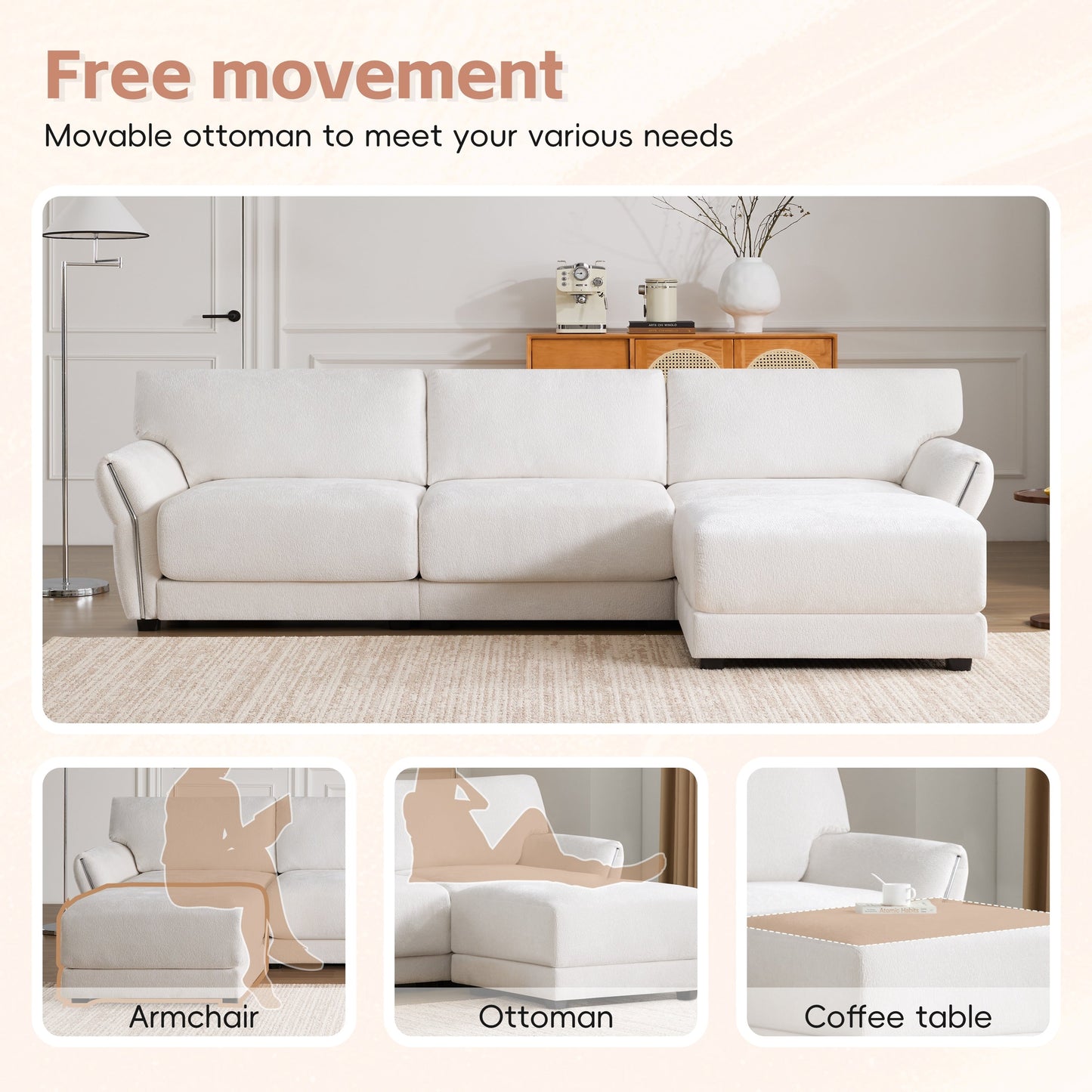 110 Inch L-Shaped Chenille Sectional Sofa with USB and Type-C Charging, Petal Armrests, Movable Ottoman for Living Room