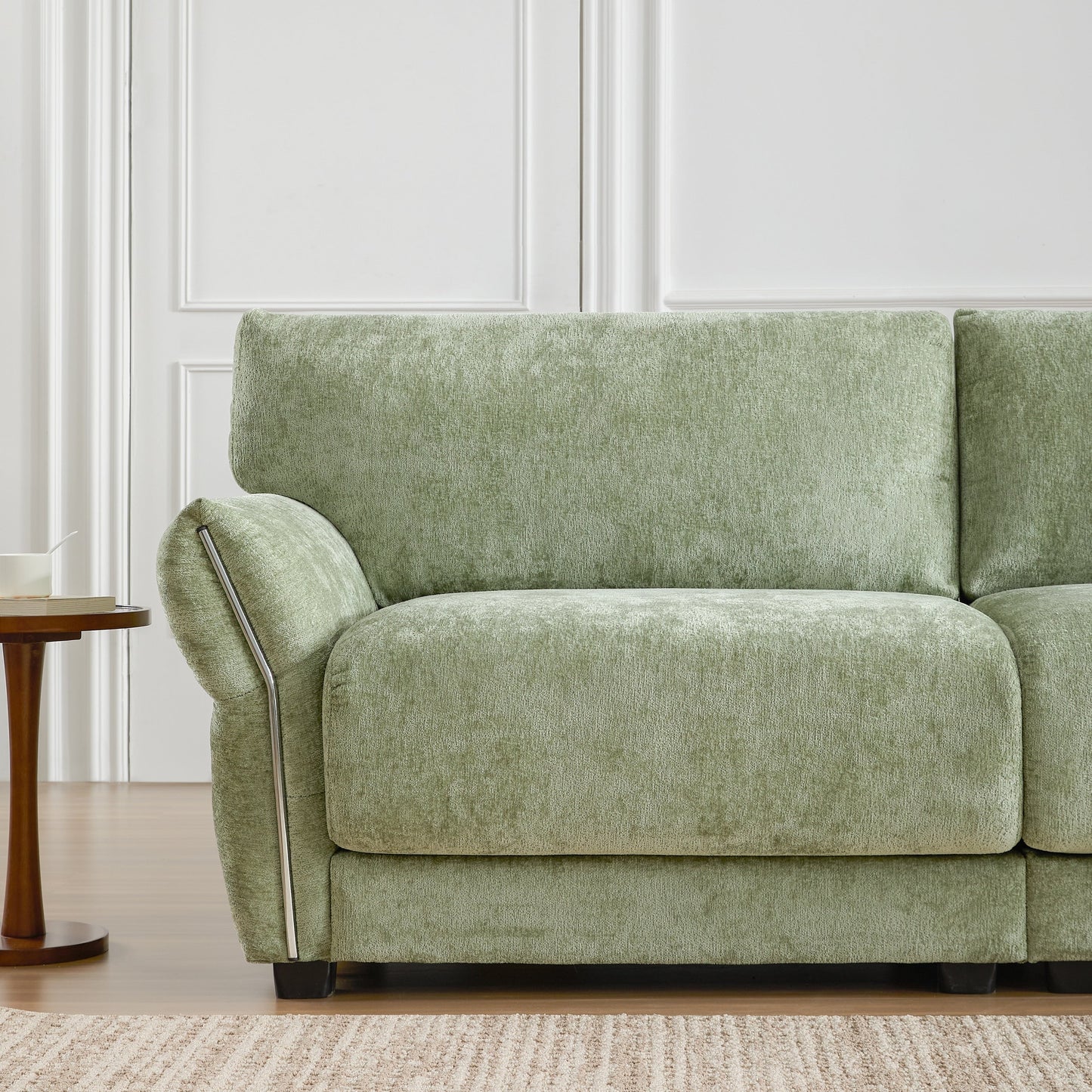 110 Inch L-Shaped Chenille Sectional Sofa with USB and Type-C Charging, Petal Armrests, Movable Ottoman for Living Room