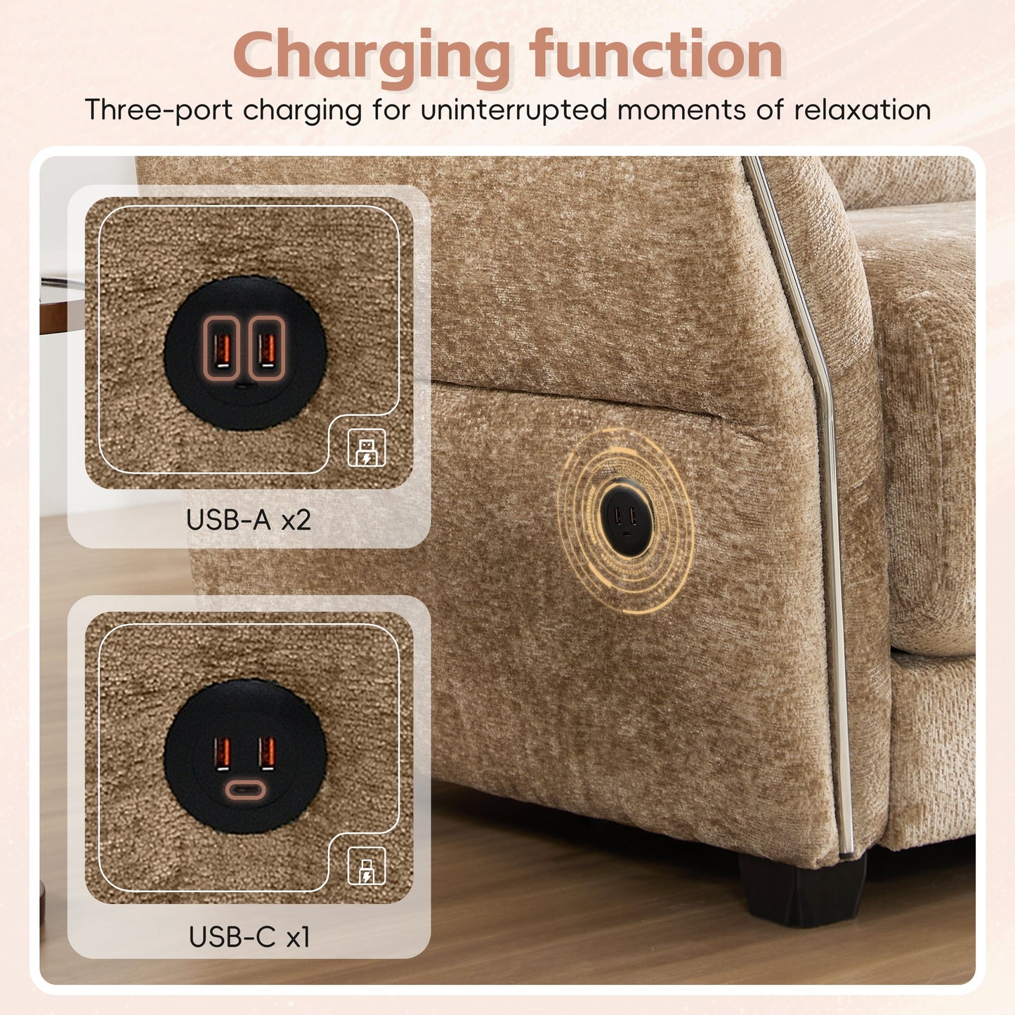 110 Inch L-Shaped Chenille Sectional Sofa with USB and Type-C Charging, Petal Armrests, Movable Ottoman for Living Room