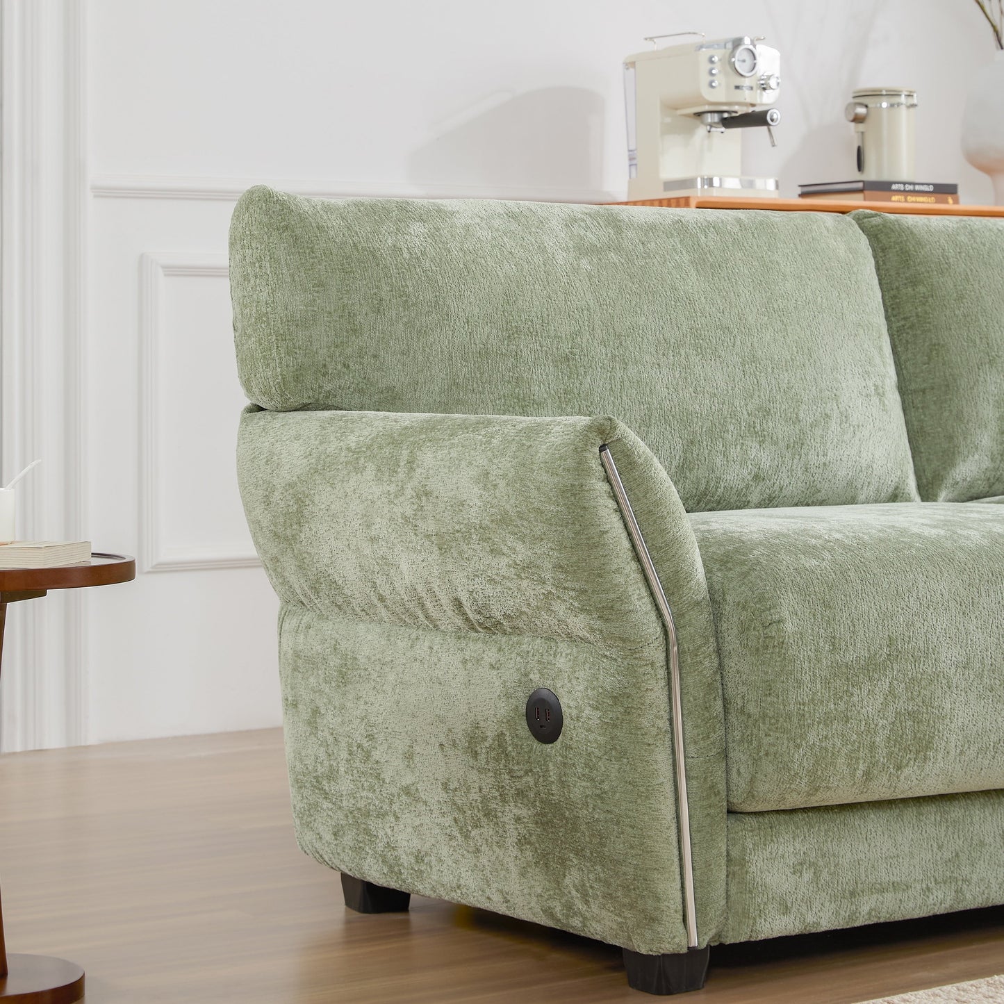 110 Inch L-Shaped Chenille Sectional Sofa with USB and Type-C Charging, Petal Armrests, Movable Ottoman for Living Room