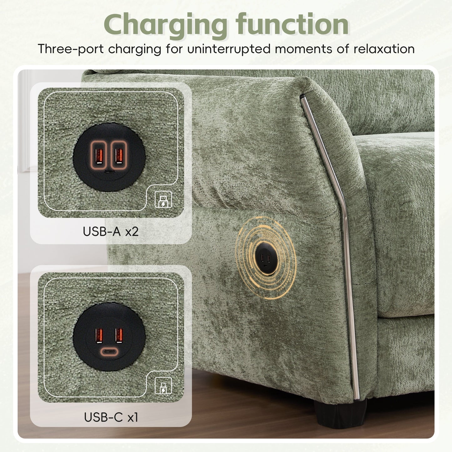 110 Inch L-Shaped Chenille Sectional Sofa with USB and Type-C Charging, Petal Armrests, Movable Ottoman for Living Room